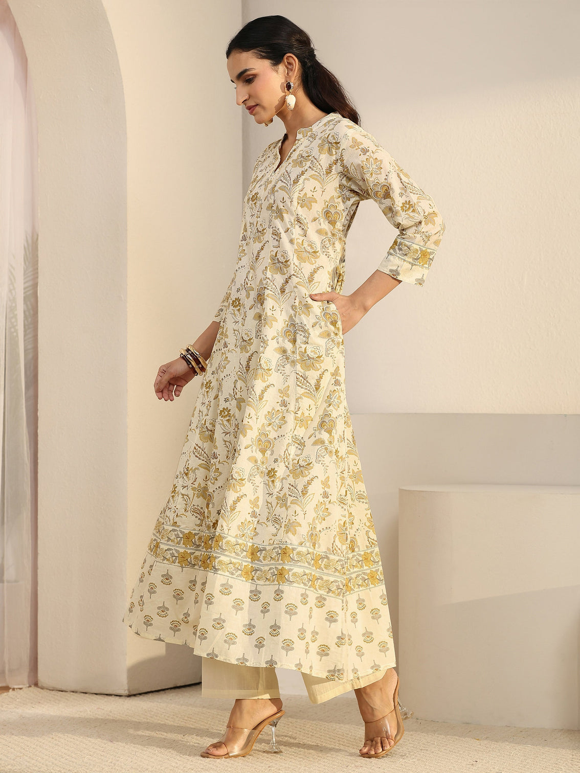 Mameraa Off White Floral Printed Cotton Anarkali Suit Set