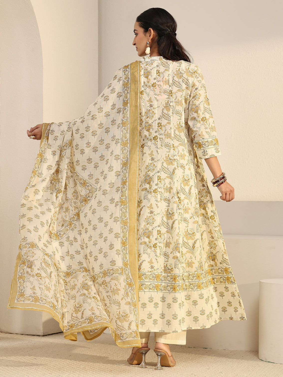 Mameraa Off White Floral Printed Cotton Anarkali Suit Set