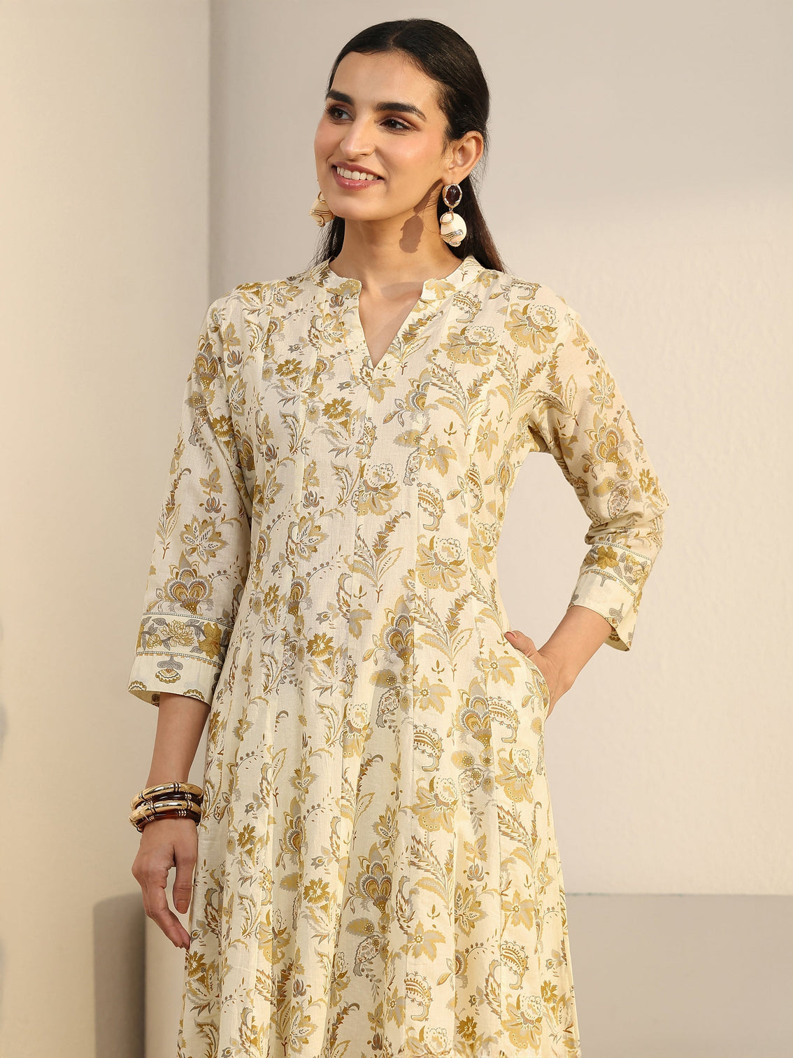 Mameraa Off White Floral Printed Cotton Anarkali Suit Set