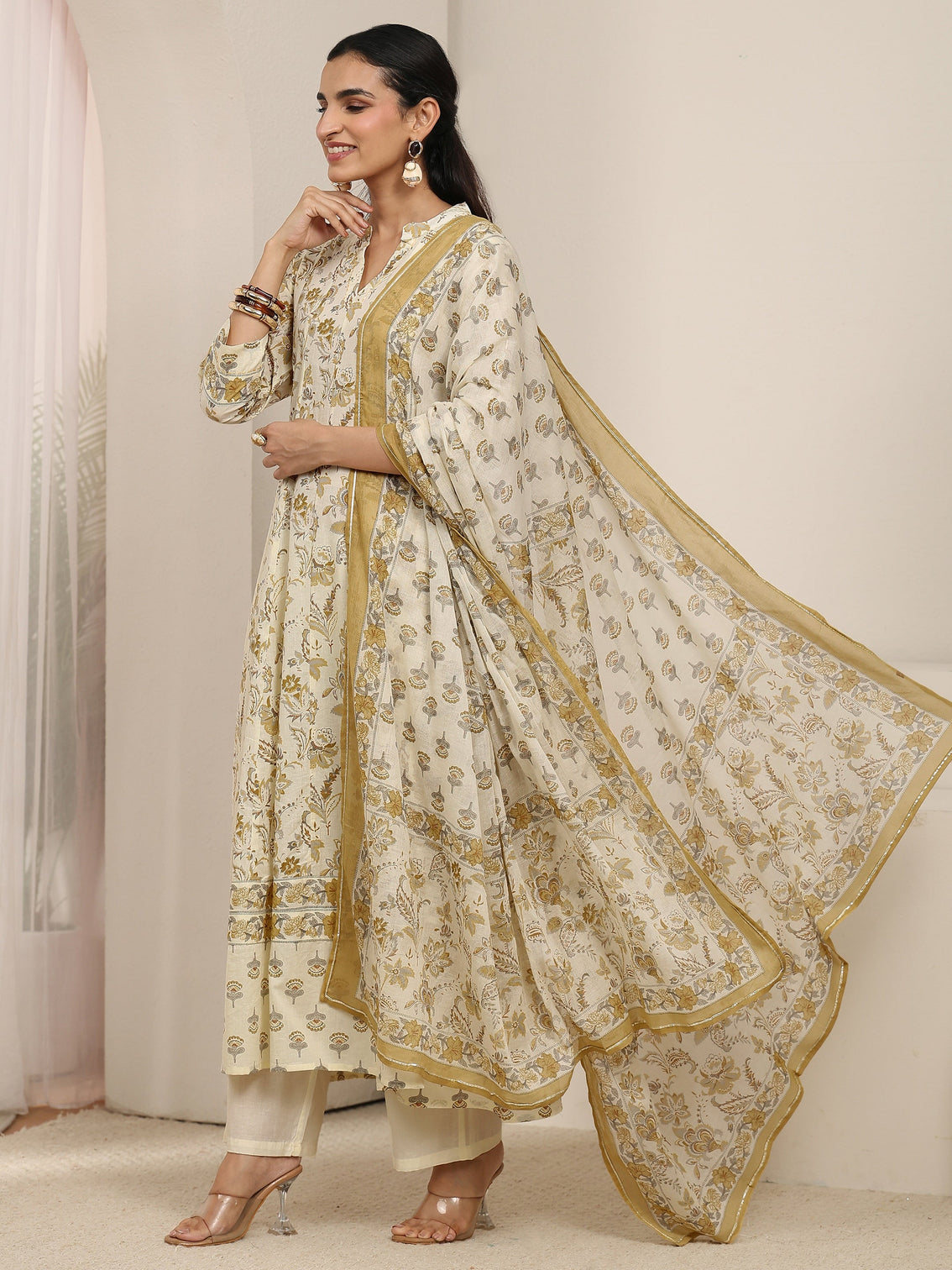 Mameraa Off White Floral Printed Cotton Anarkali Suit Set