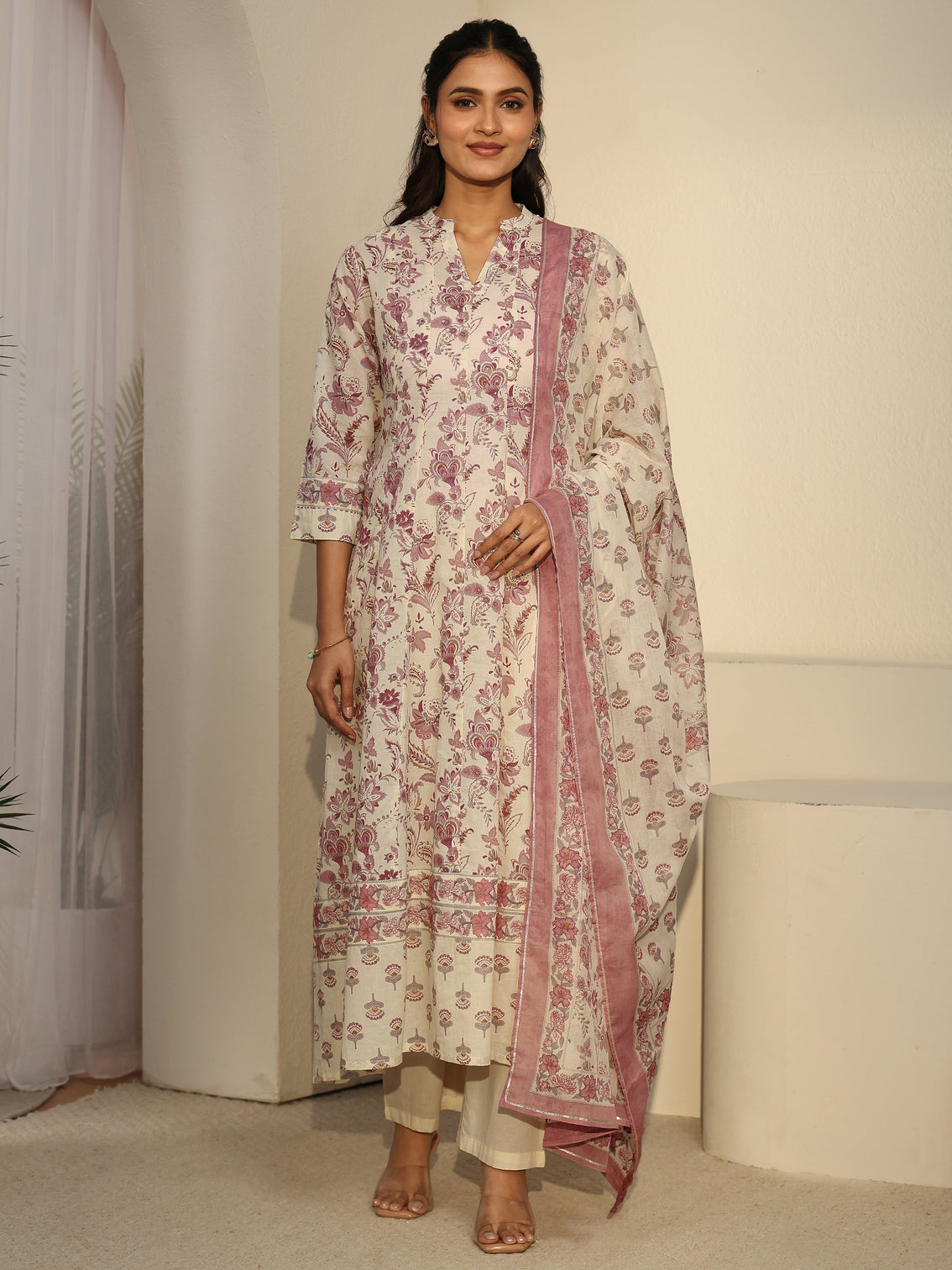 Mameraa Off White Floral Printed Cotton Anarkali Suit Set