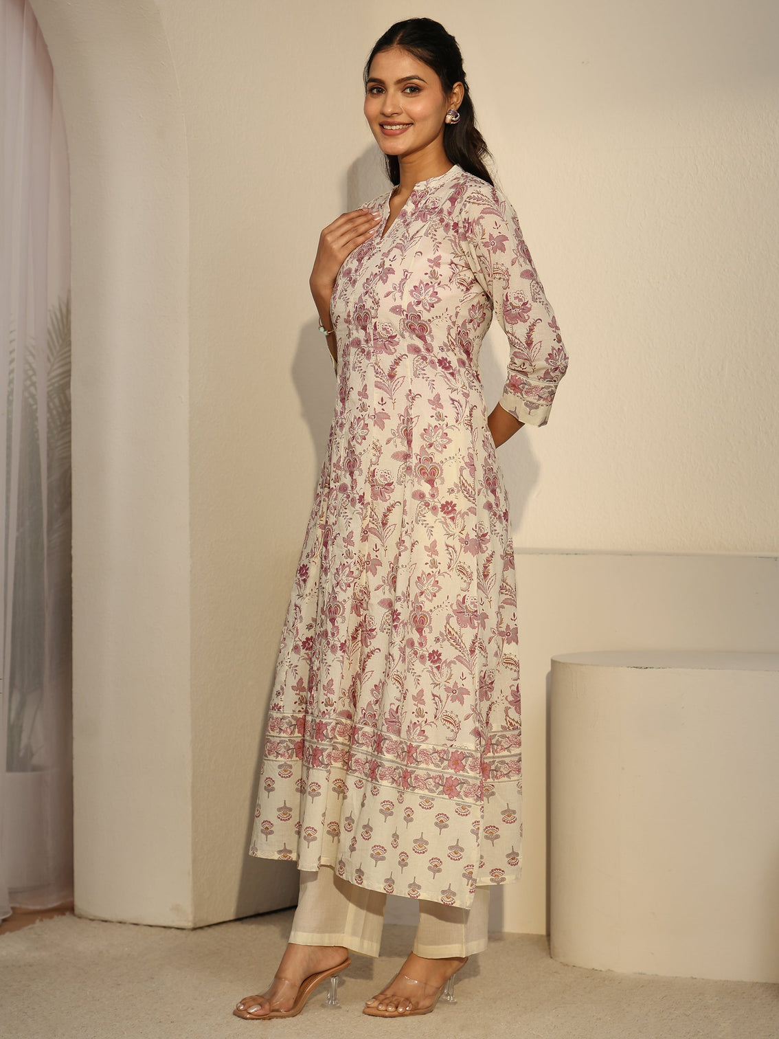 Mameraa Off White Floral Printed Cotton Anarkali Suit Set
