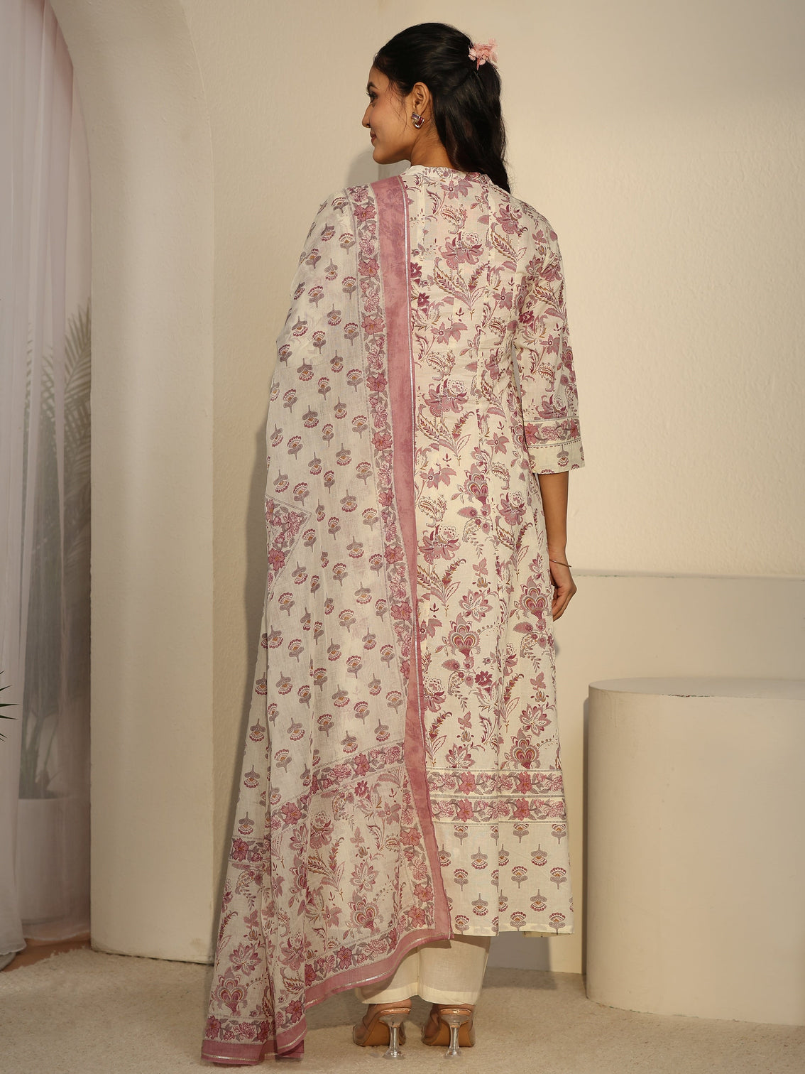 Mameraa Off White Floral Printed Cotton Anarkali Suit Set