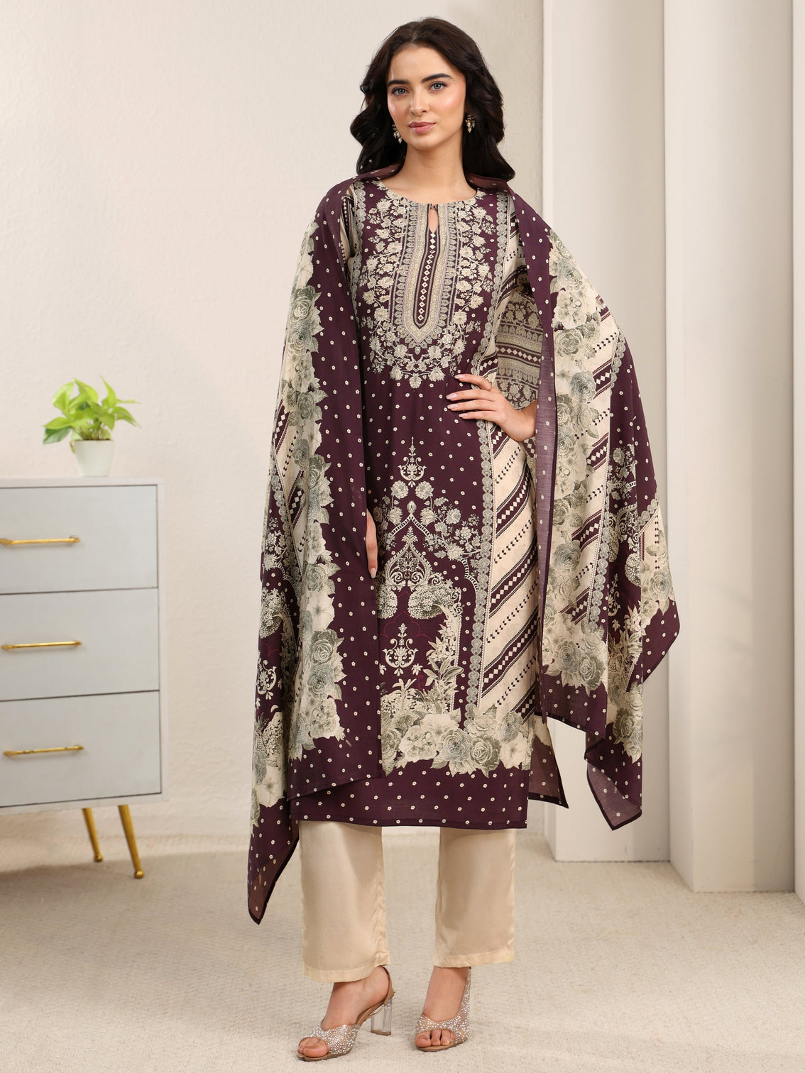 Mameraa Beige Floral Printed Silk Blend Straight Suit Set