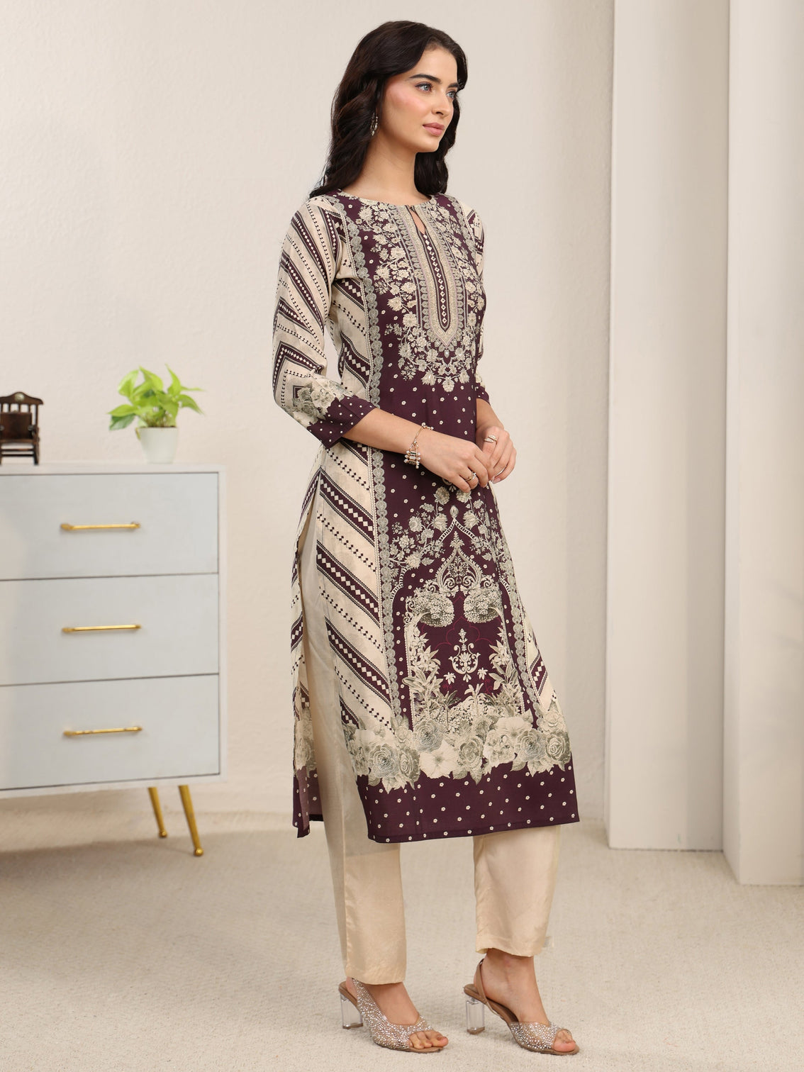 Mameraa Beige Floral Printed Silk Blend Straight Suit Set