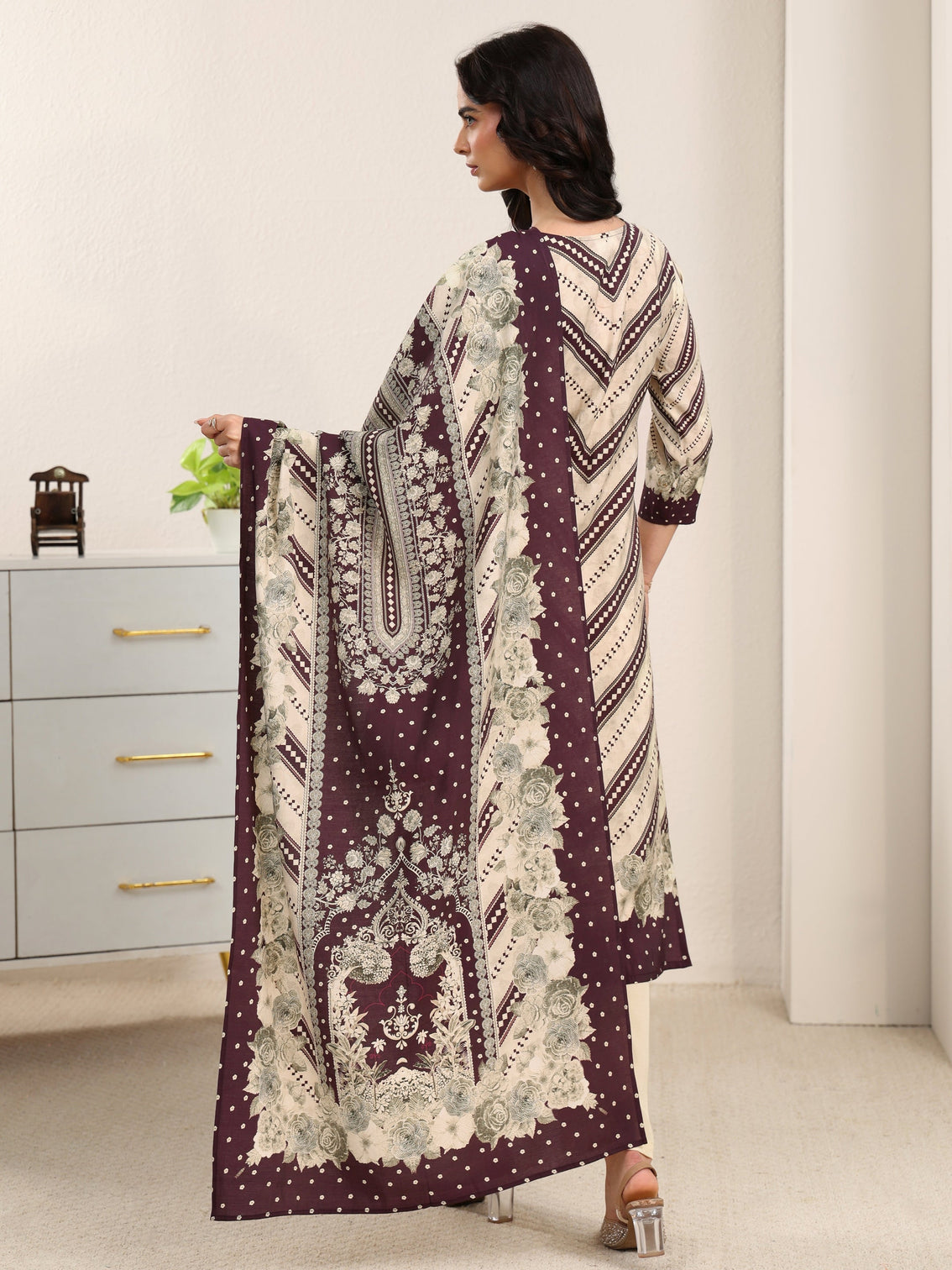 Mameraa Beige Floral Printed Silk Blend Straight Suit Set