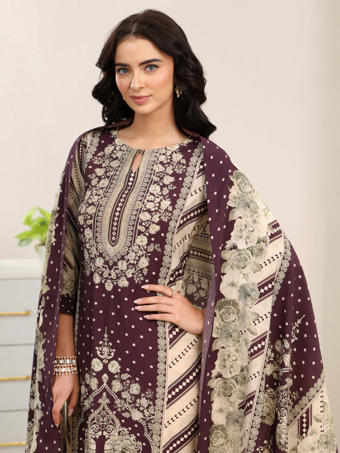 Mameraa Beige Floral Printed Silk Blend Straight Suit Set