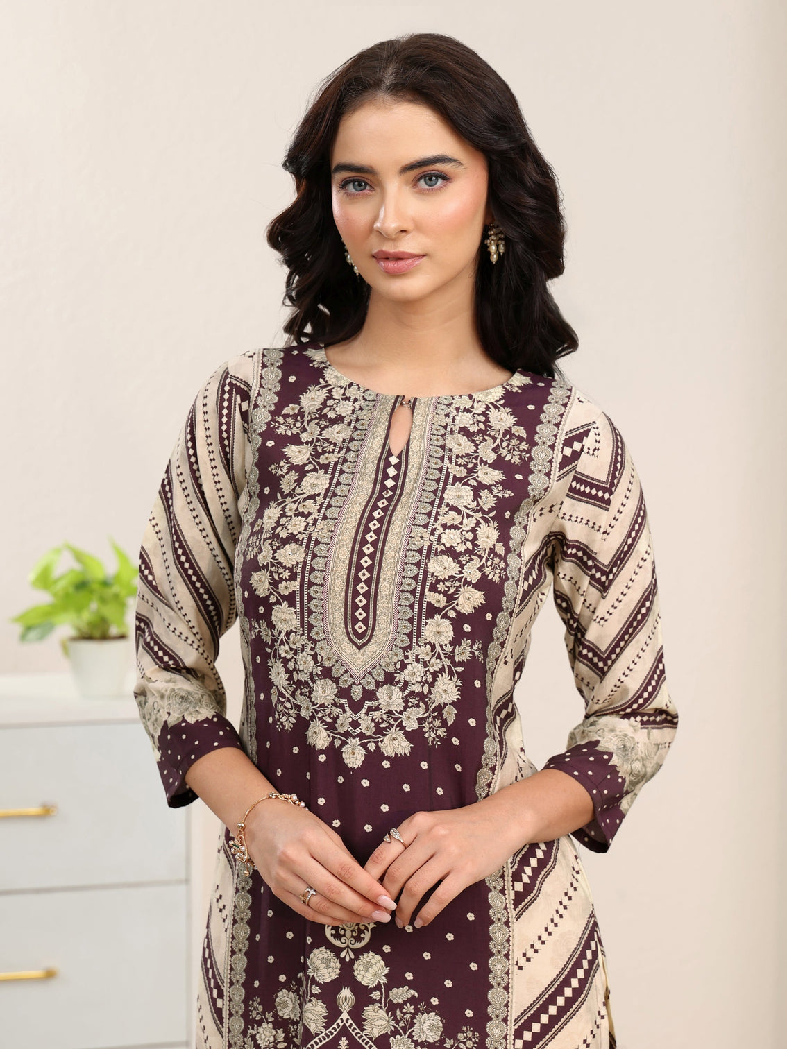 Mameraa Beige Floral Printed Silk Blend Straight Suit Set