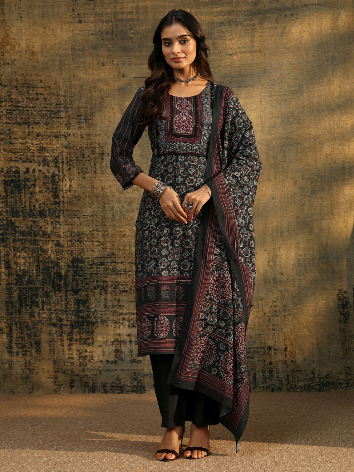 Mameraa Black Ajrakh Silk Blend Straight Suit Set