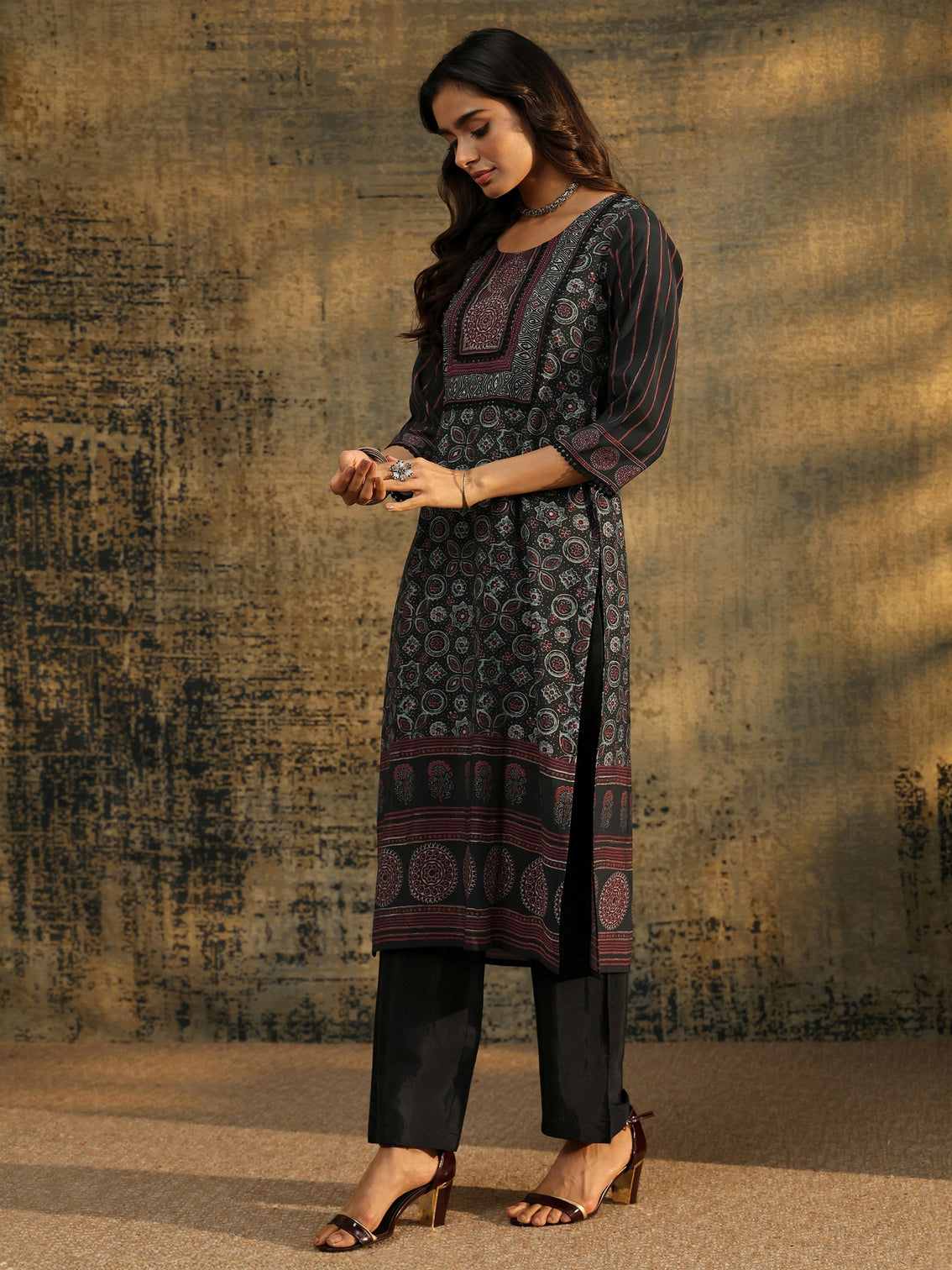 Mameraa Black Ajrakh Silk Blend Straight Suit Set