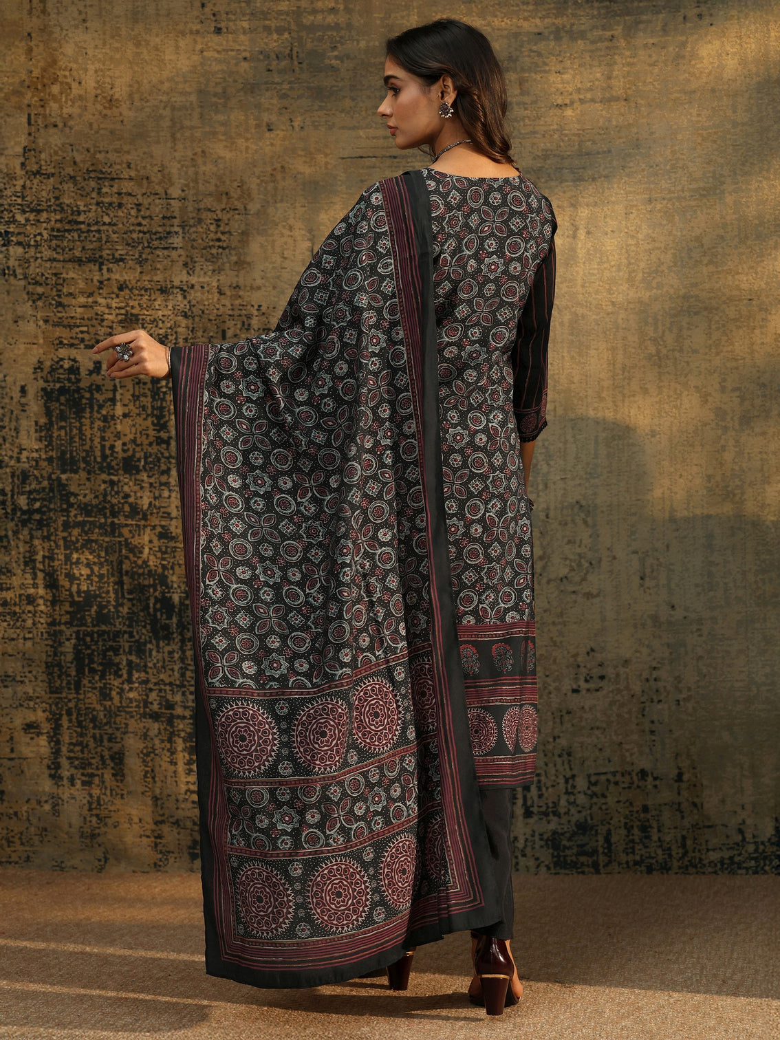 Mameraa Black Ajrakh Silk Blend Straight Suit Set