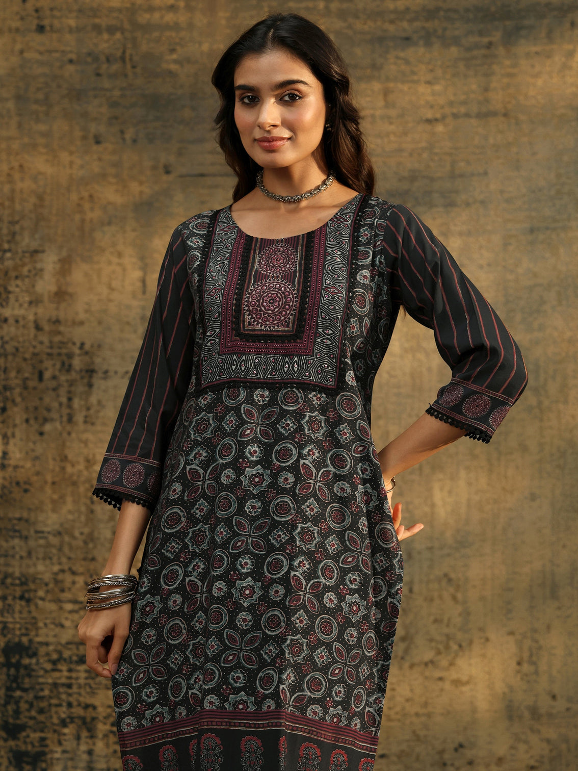 Mameraa Black Ajrakh Silk Blend Straight Suit Set