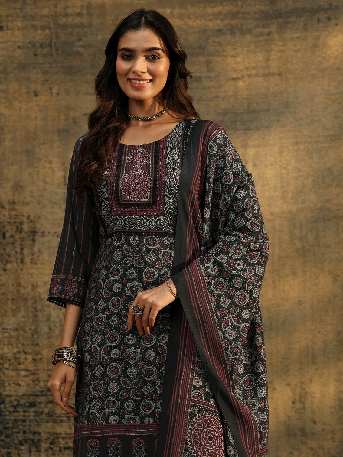 Mameraa Black Ajrakh Silk Blend Straight Suit Set