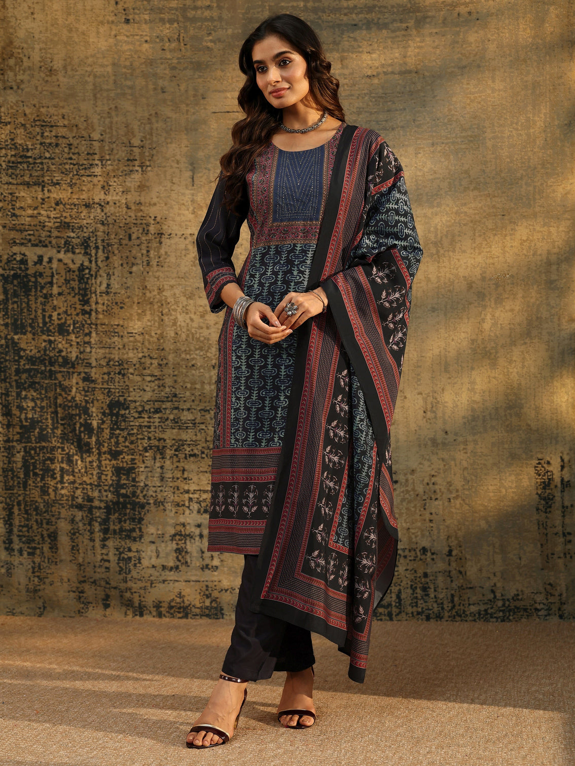 Mameraa Navy Blue Ajrakh Silk Blend Straight Suit Set