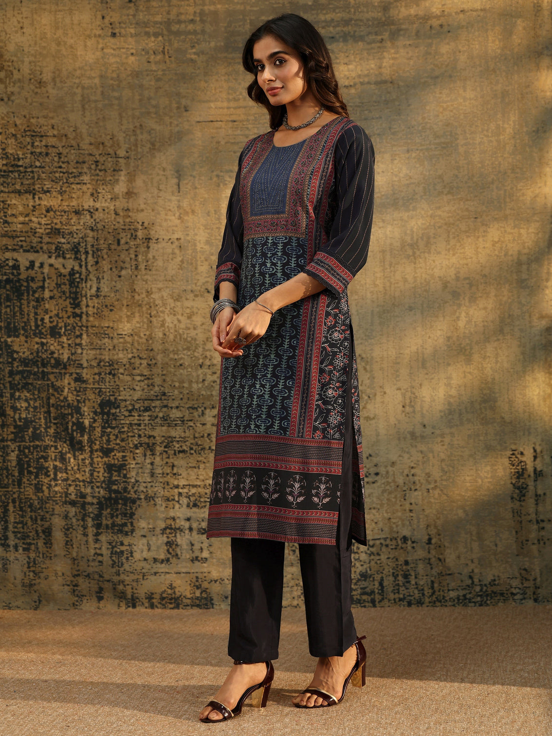 Mameraa Navy Blue Ajrakh Silk Blend Straight Suit Set