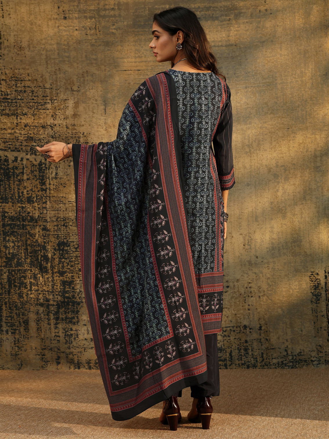 Mameraa Navy Blue Ajrakh Silk Blend Straight Suit Set