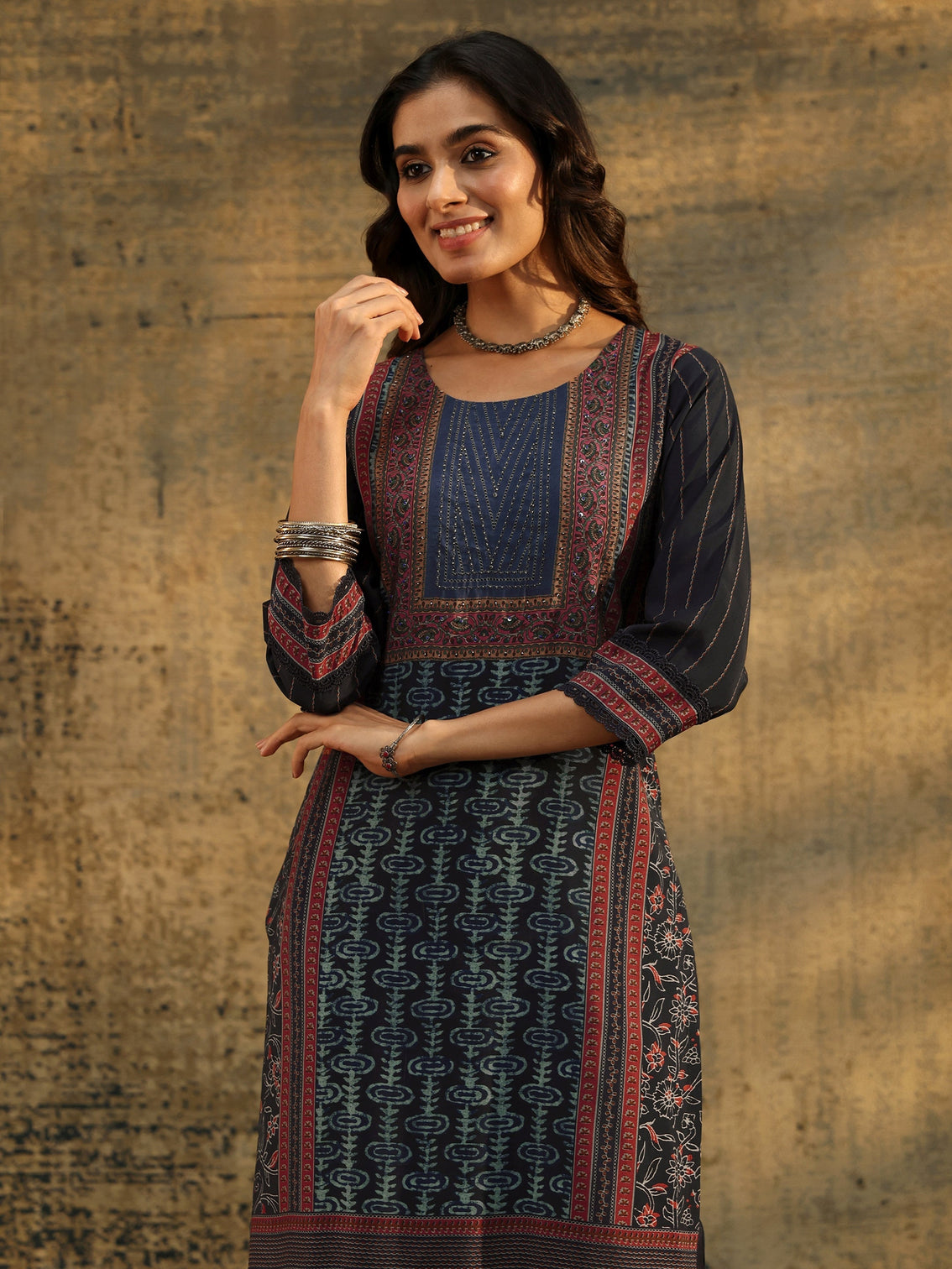 Mameraa Navy Blue Ajrakh Silk Blend Straight Suit Set