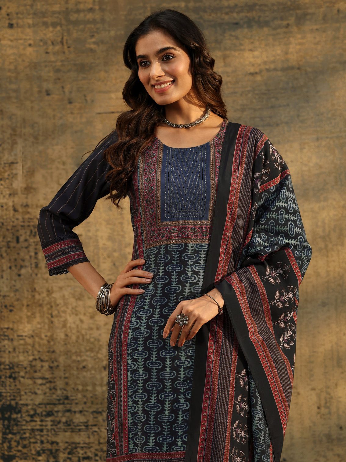 Mameraa Navy Blue Ajrakh Silk Blend Straight Suit Set