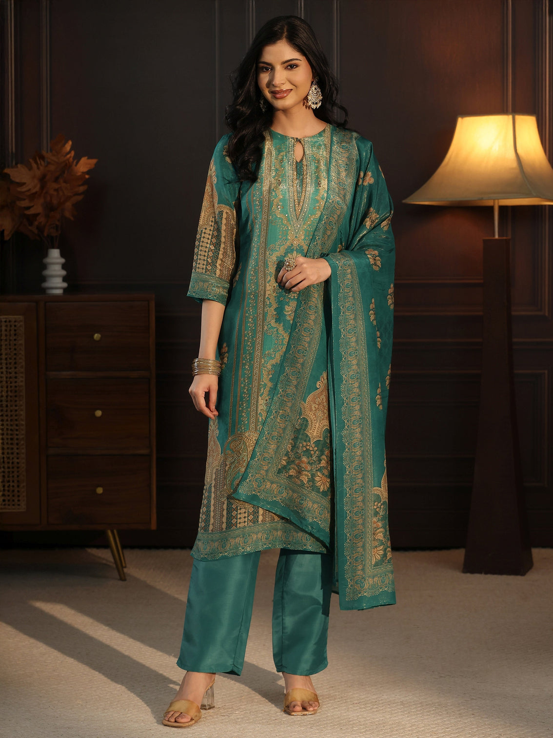 Mameraa Sea Green Printed Silk Blend Straight Suit Set