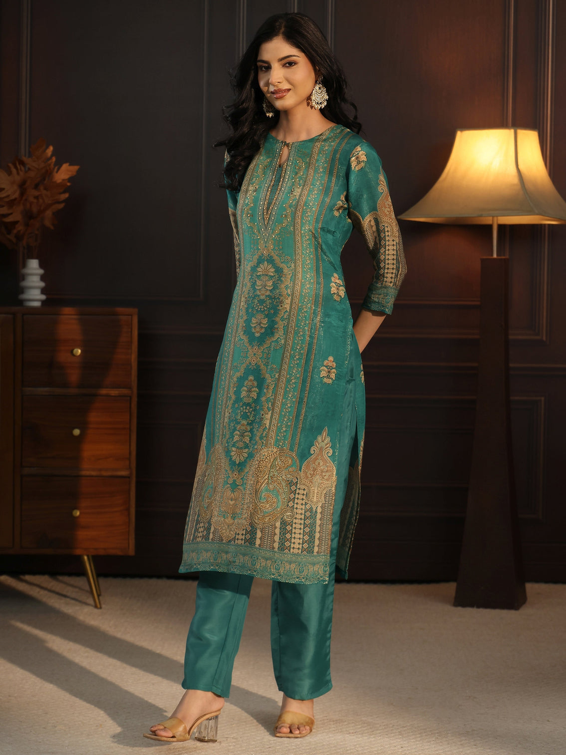 Mameraa Sea Green Printed Silk Blend Straight Suit Set