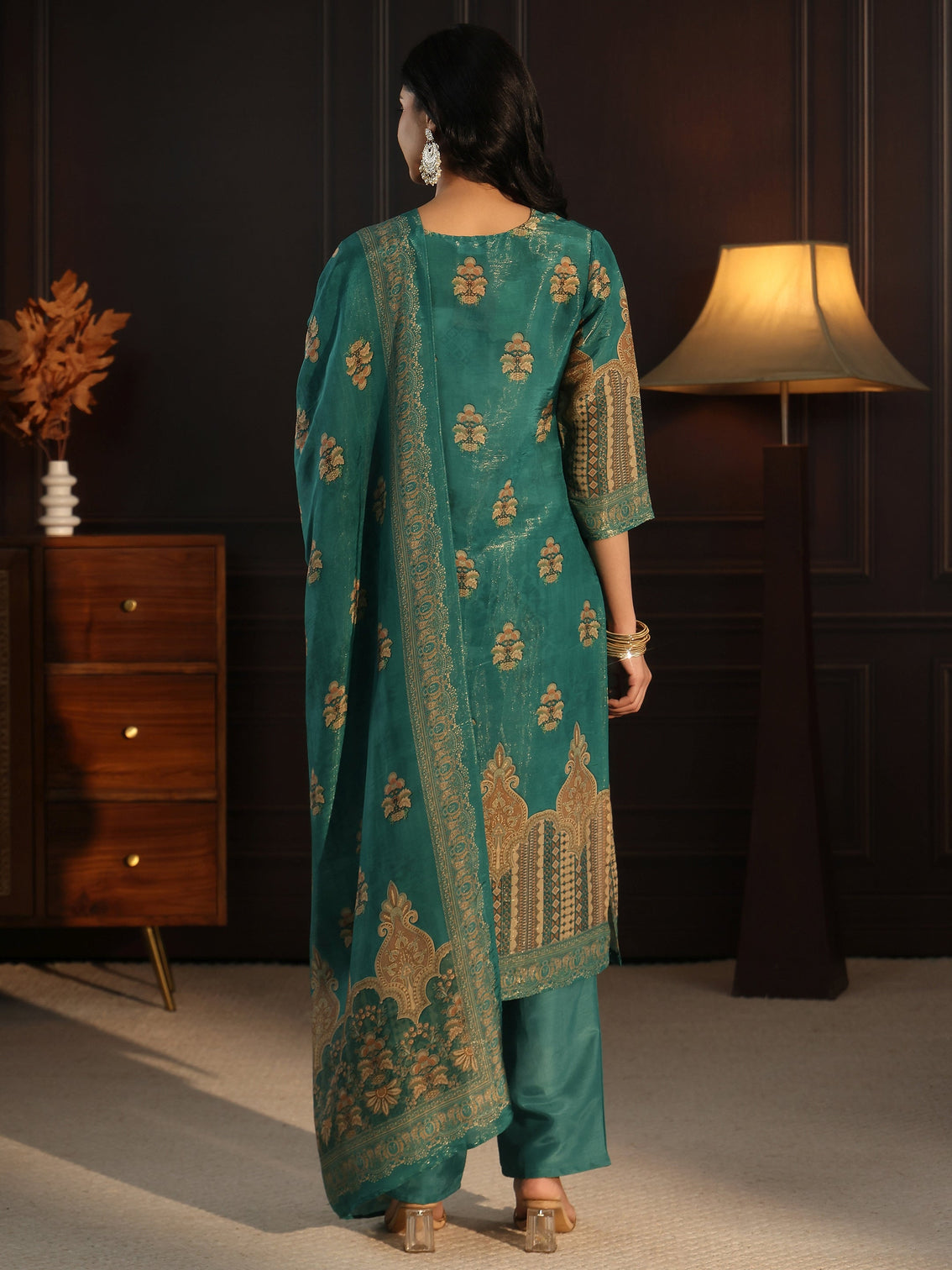 Mameraa Sea Green Printed Silk Blend Straight Suit Set