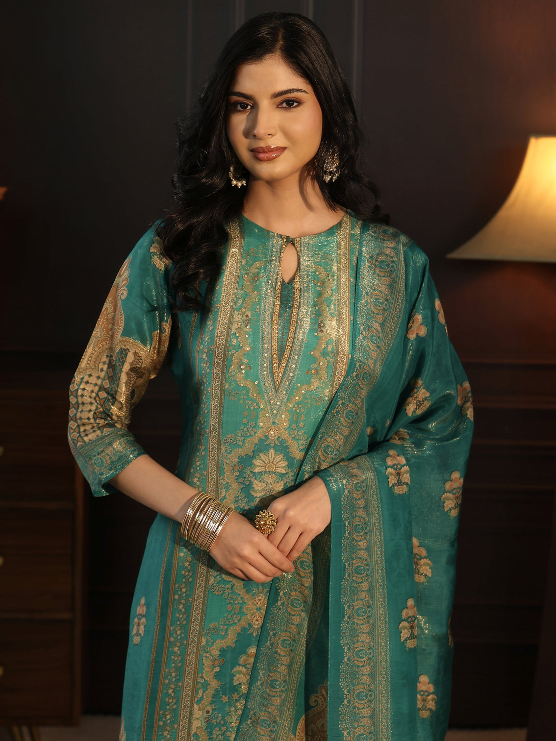 Mameraa Sea Green Printed Silk Blend Straight Suit Set