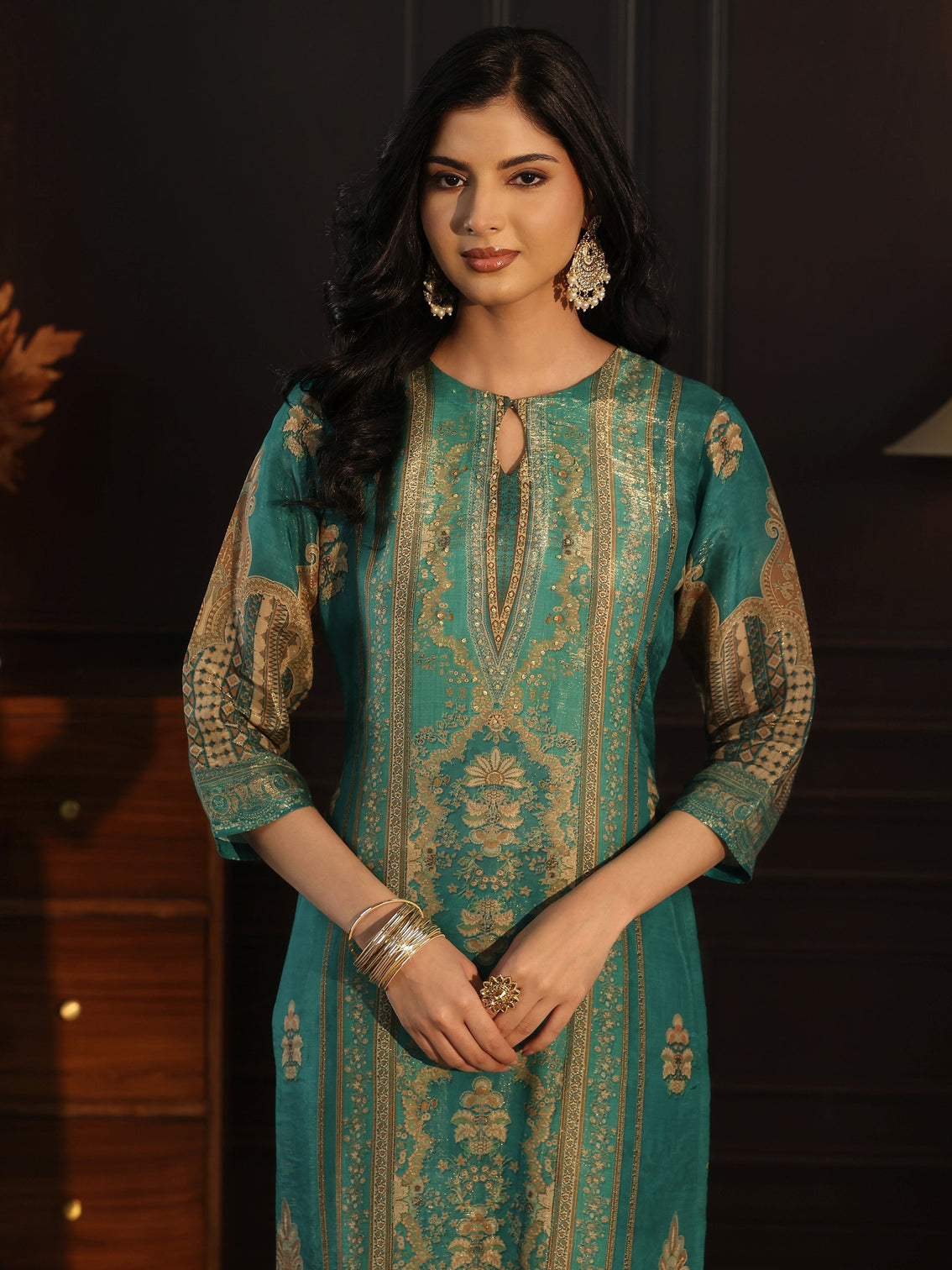 Mameraa Sea Green Printed Silk Blend Straight Suit Set