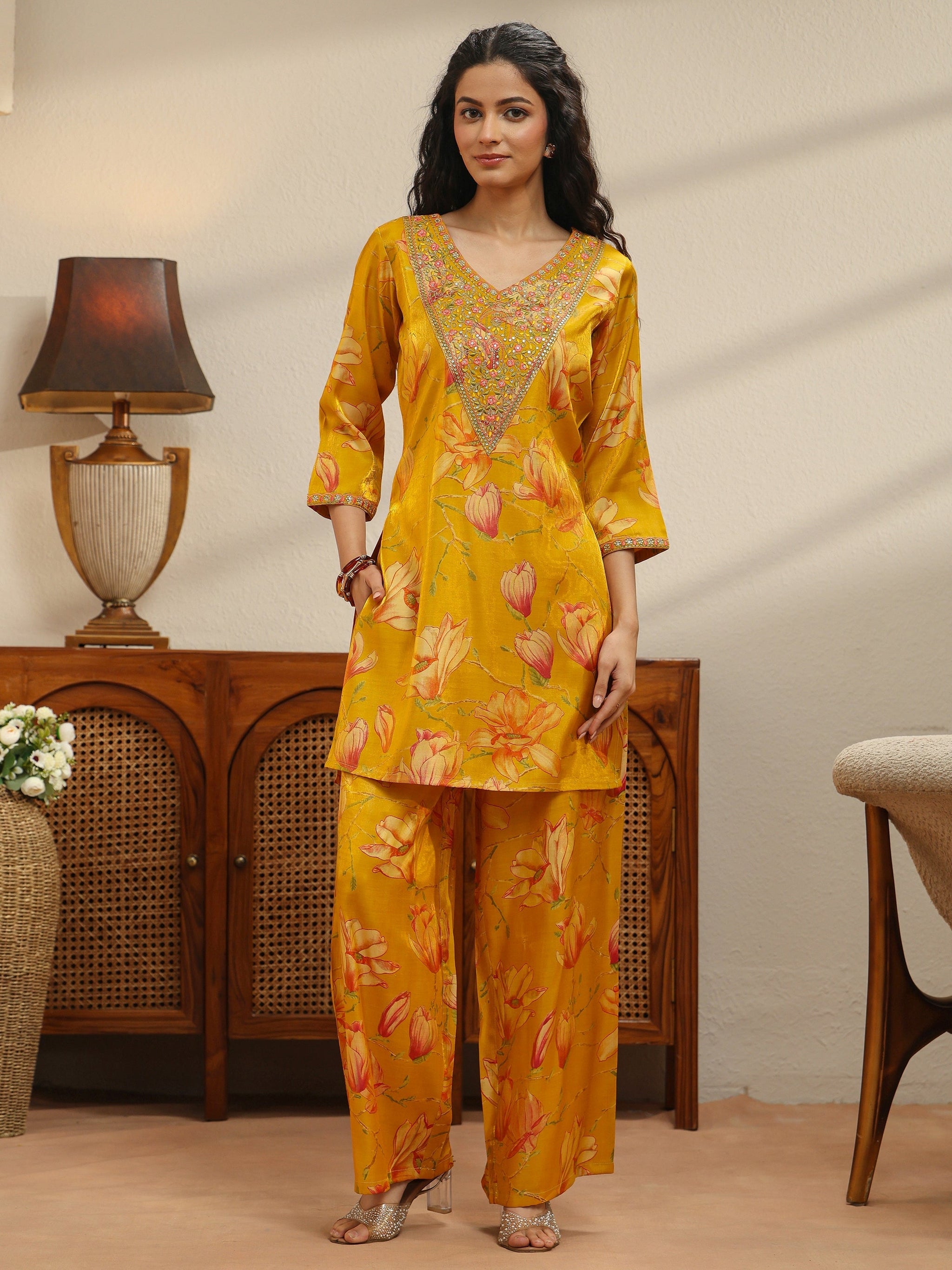 Libas Mustard Floral Print Silk Blend Co-Ord Set