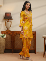 Libas Mustard Floral Print Silk Blend Co-Ord Set