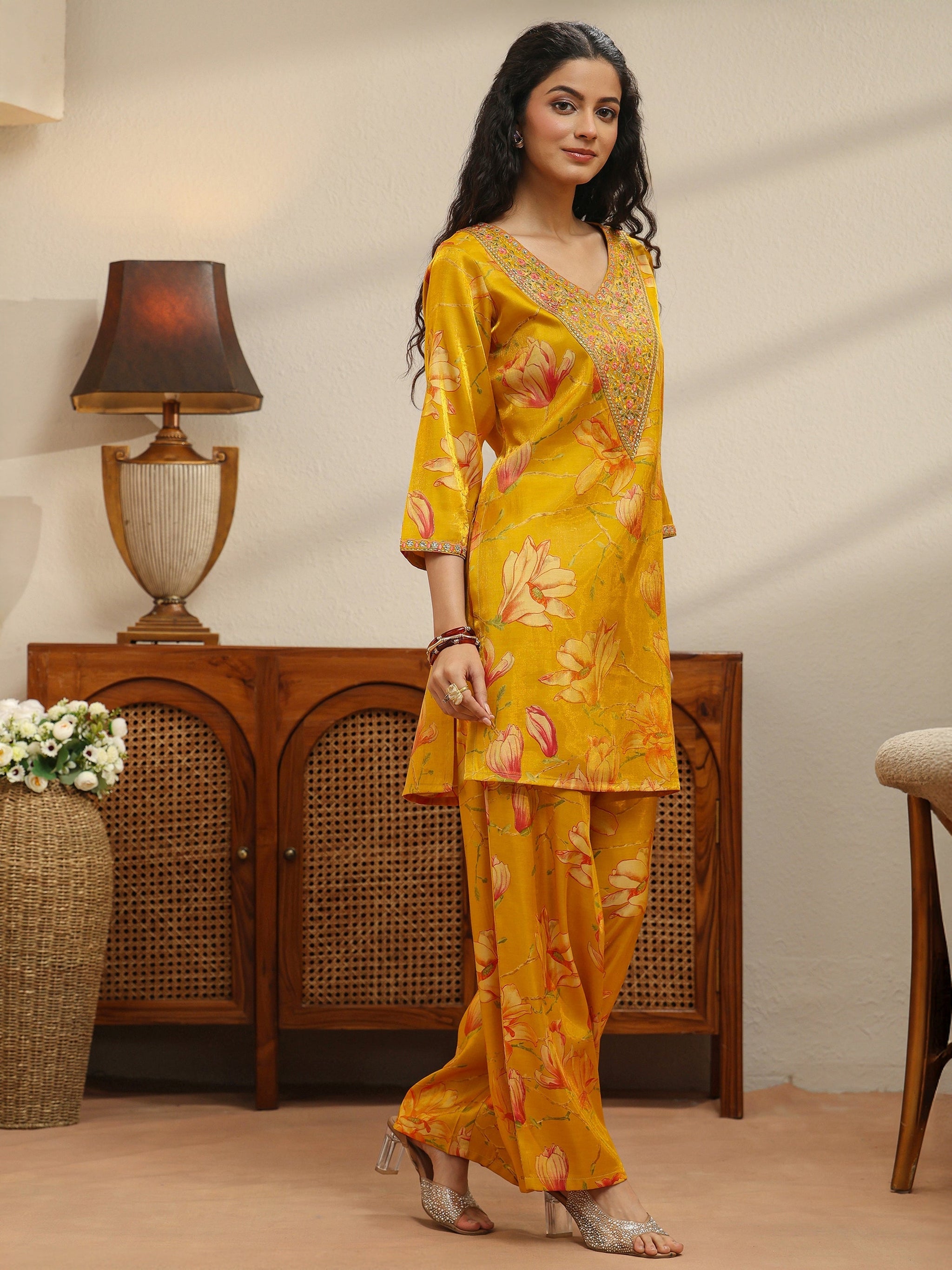 Libas Mustard Floral Print Silk Blend Co-Ord Set
