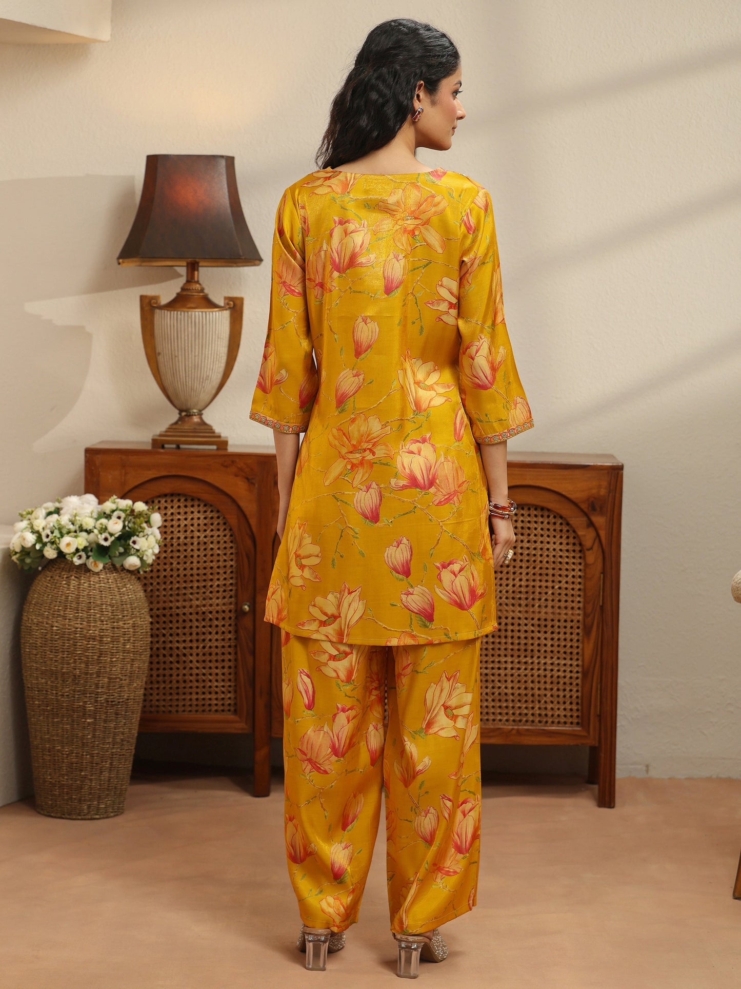 Libas Mustard Floral Print Silk Blend Co-Ord Set