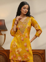 Libas Mustard Floral Print Silk Blend Co-Ord Set