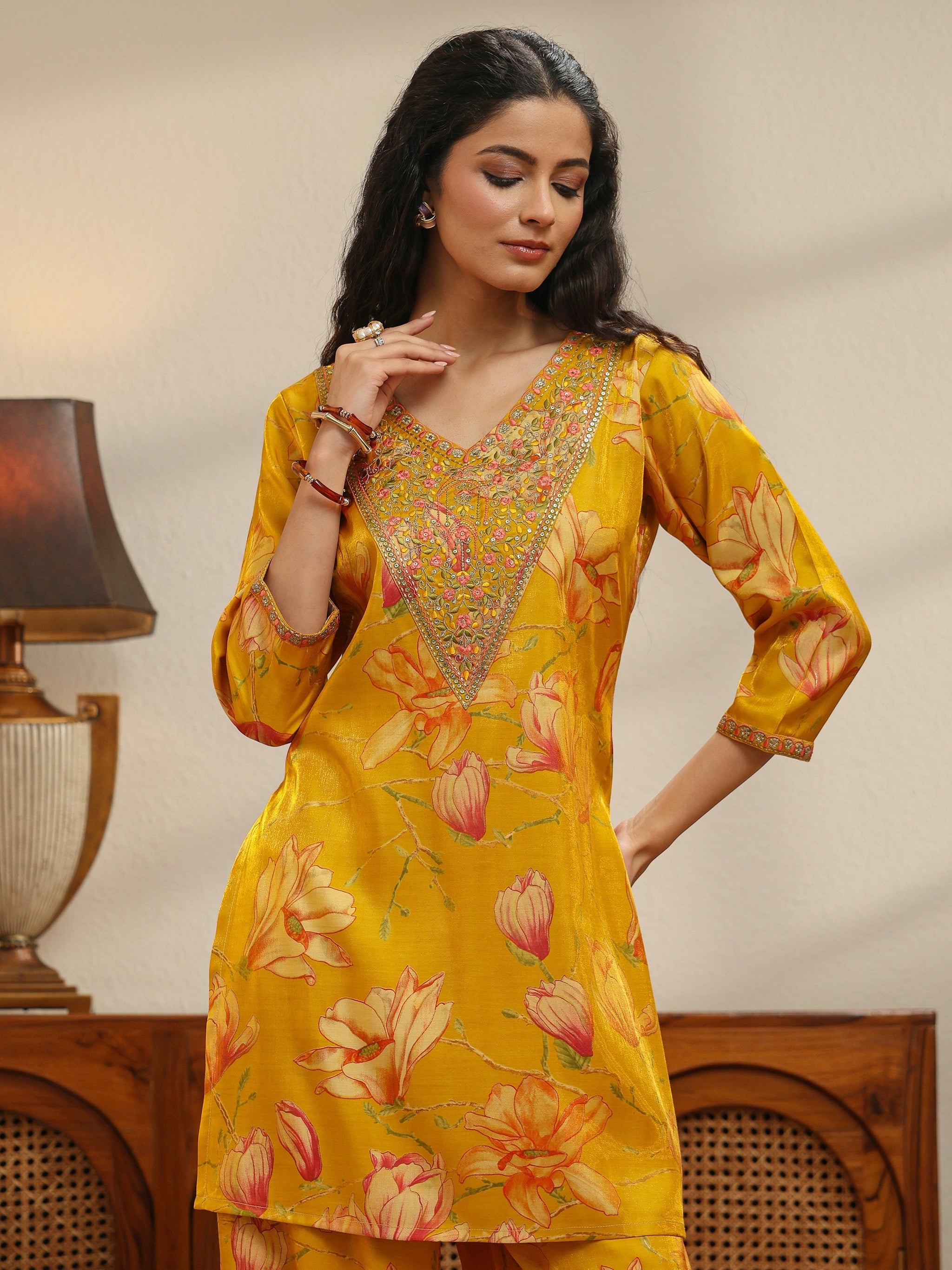Libas Mustard Floral Print Silk Blend Co-Ord Set