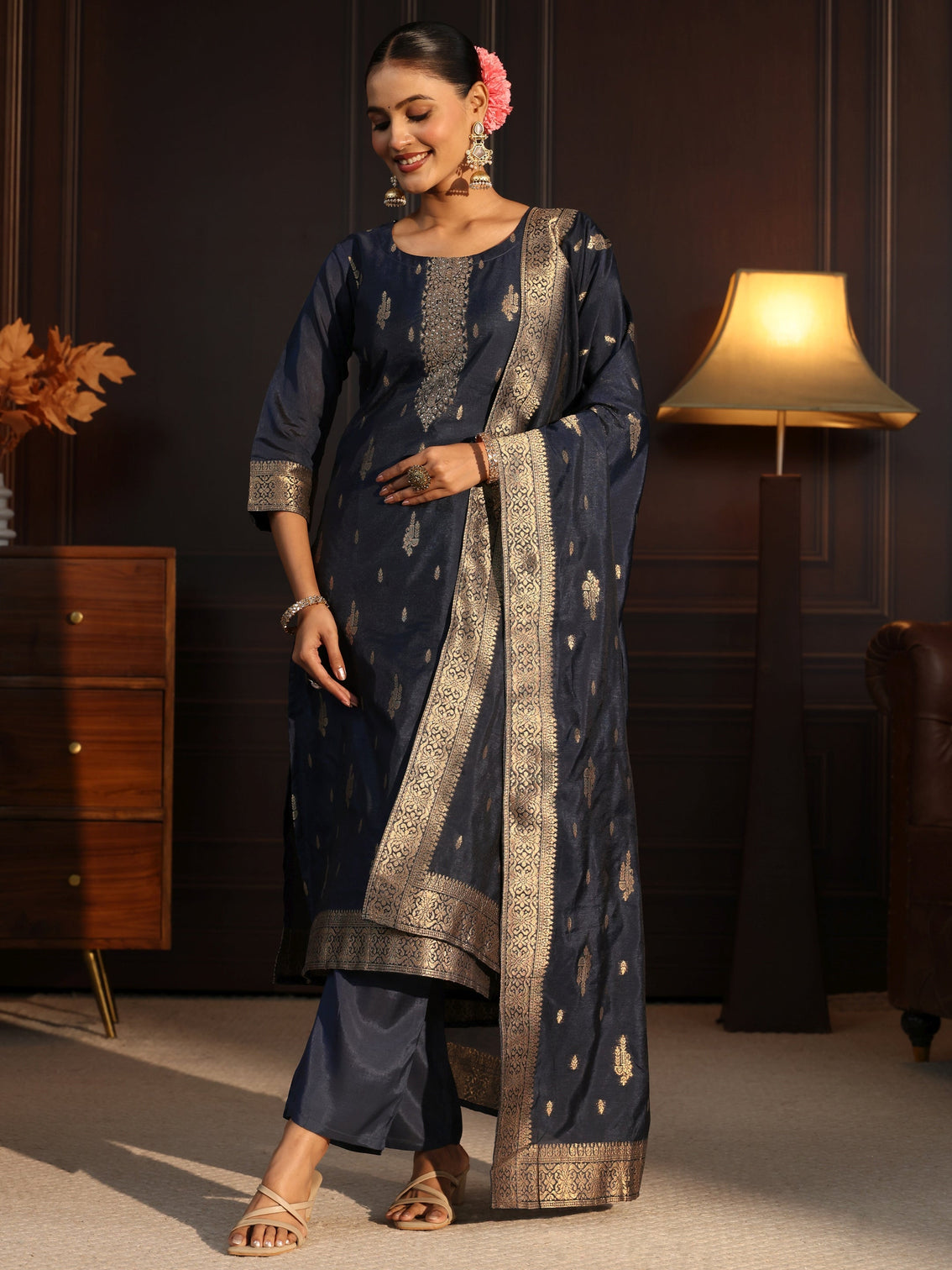 Mameraa Navy Blue Ethnic Woven Chanderi Silk Straight Suit Set