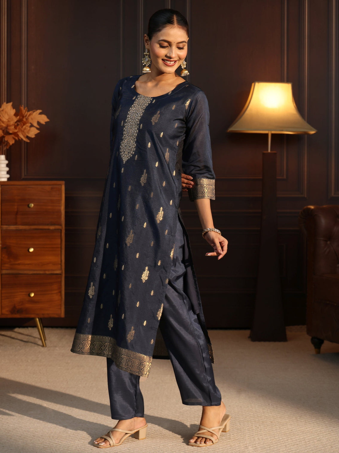 Mameraa Navy Blue Ethnic Woven Chanderi Silk Straight Suit Set
