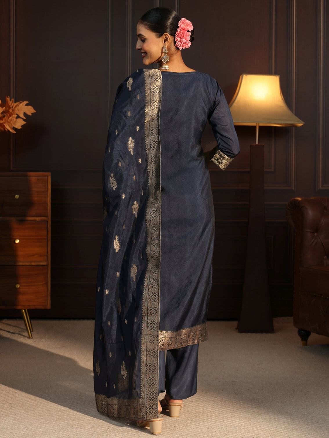 Mameraa Navy Blue Ethnic Woven Chanderi Silk Straight Suit Set
