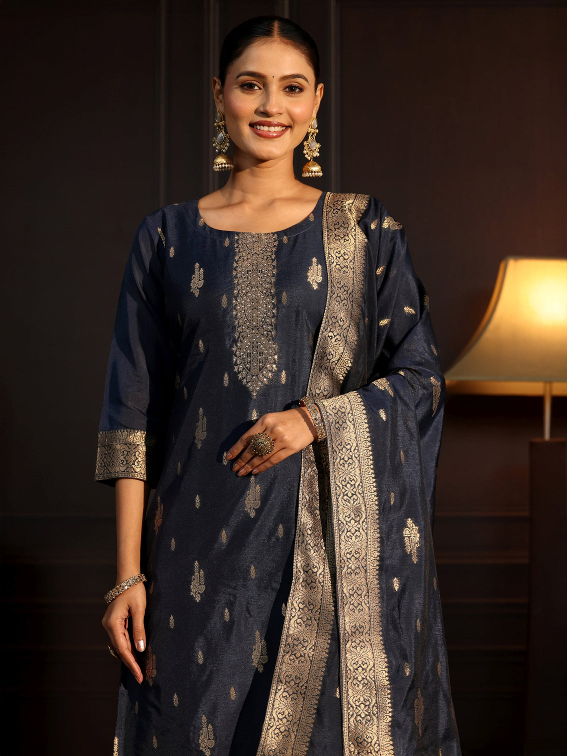 Mameraa Navy Blue Ethnic Woven Chanderi Silk Straight Suit Set