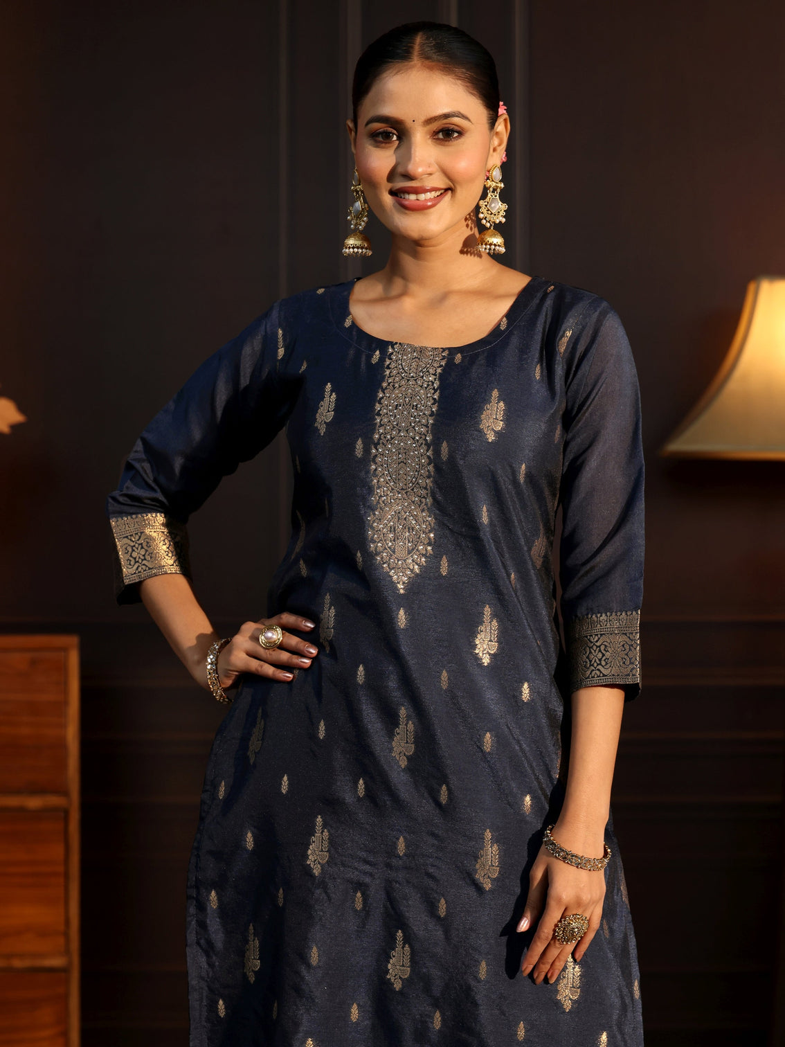Mameraa Navy Blue Ethnic Woven Chanderi Silk Straight Suit Set