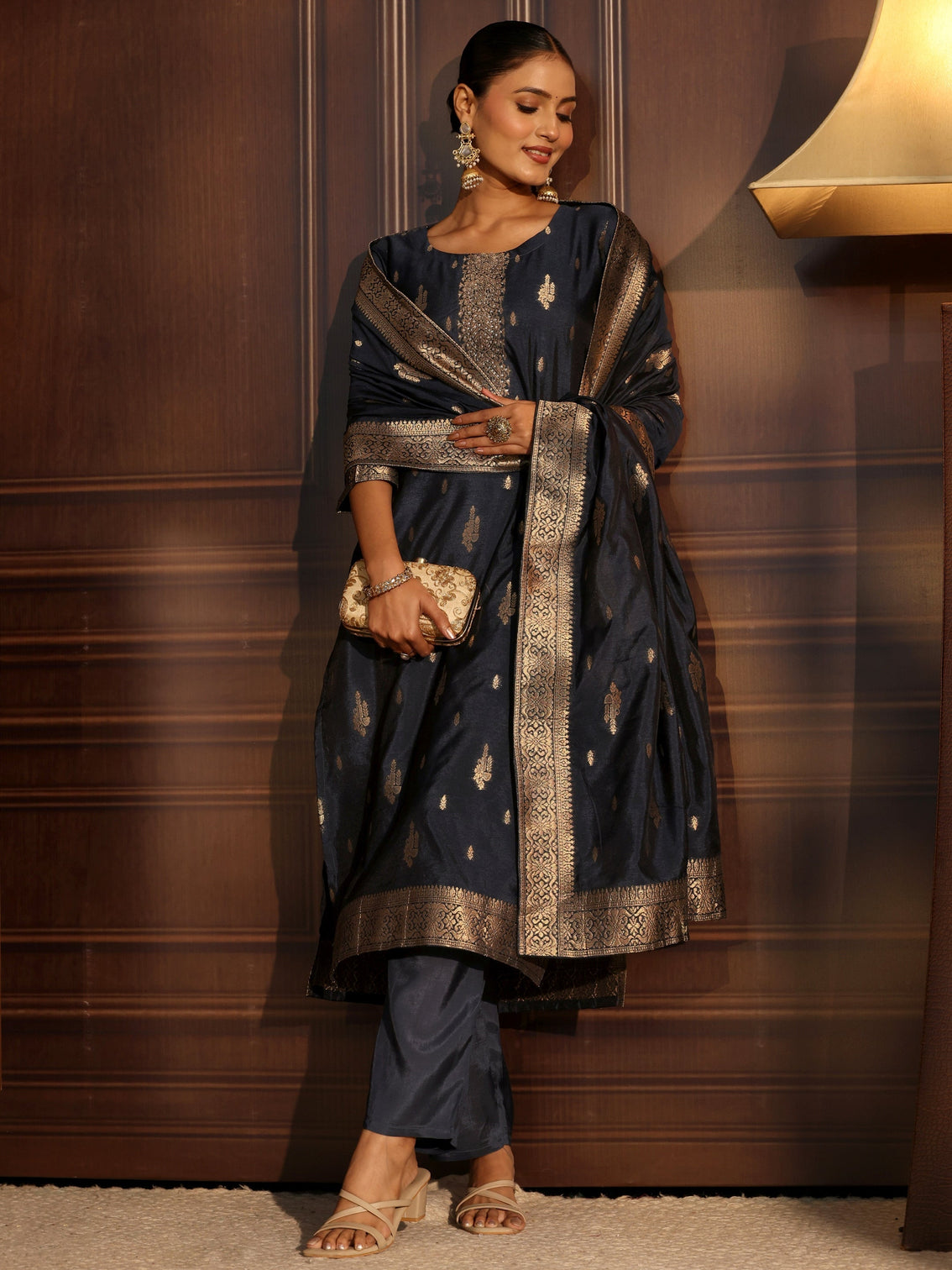 Mameraa Navy Blue Ethnic Woven Chanderi Silk Straight Suit Set