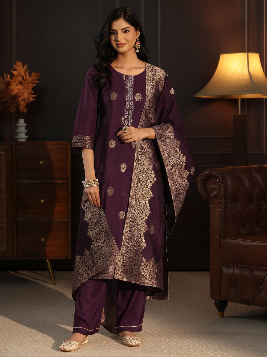 Mameraa Burgundy Printed Chanderi Silk Straight Suit Set