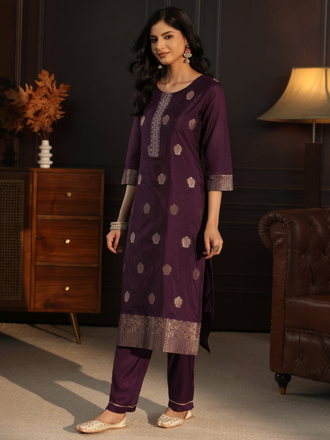 Mameraa Burgundy Printed Chanderi Silk Straight Suit Set