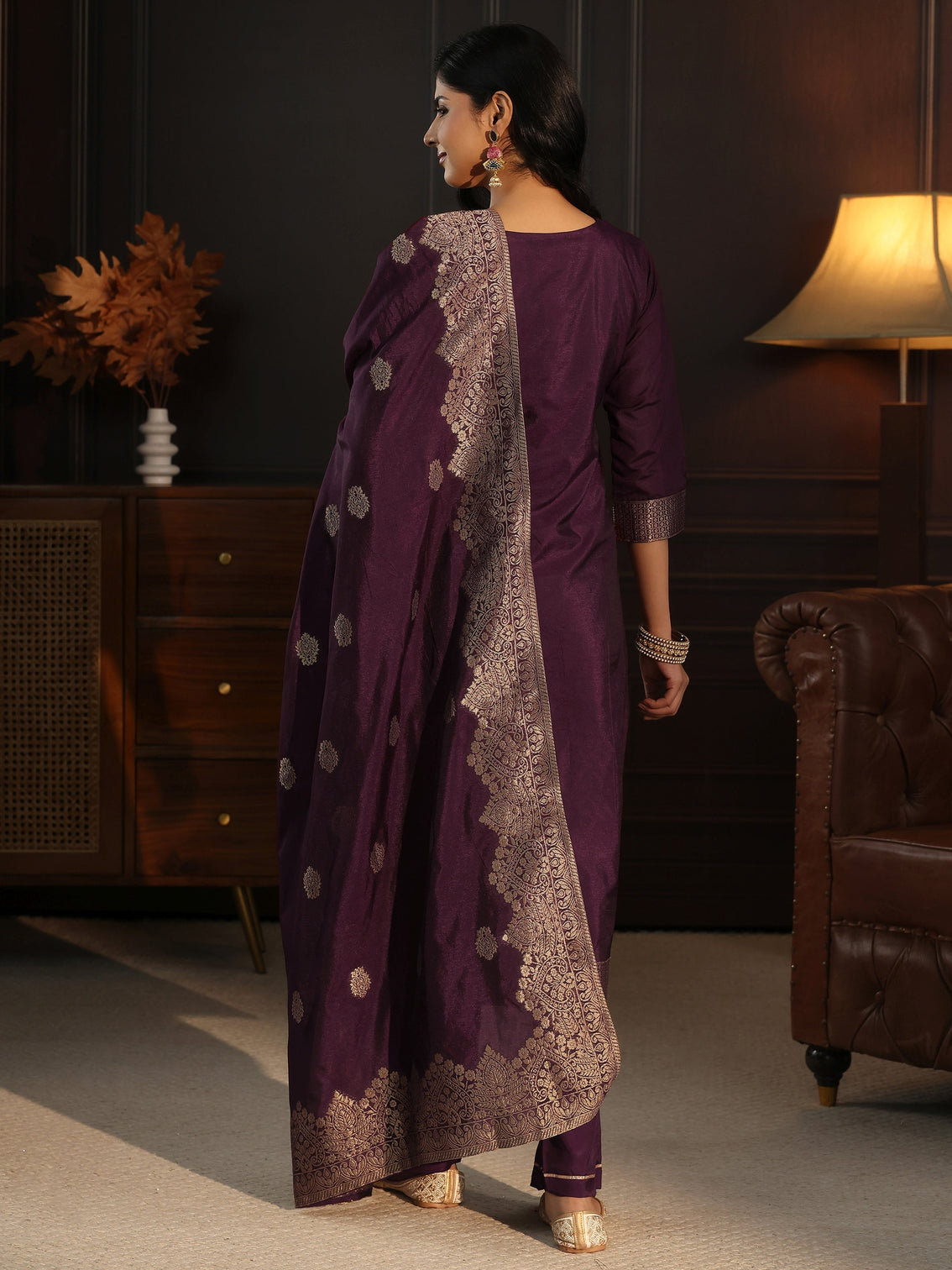 Mameraa Burgundy Printed Chanderi Silk Straight Suit Set