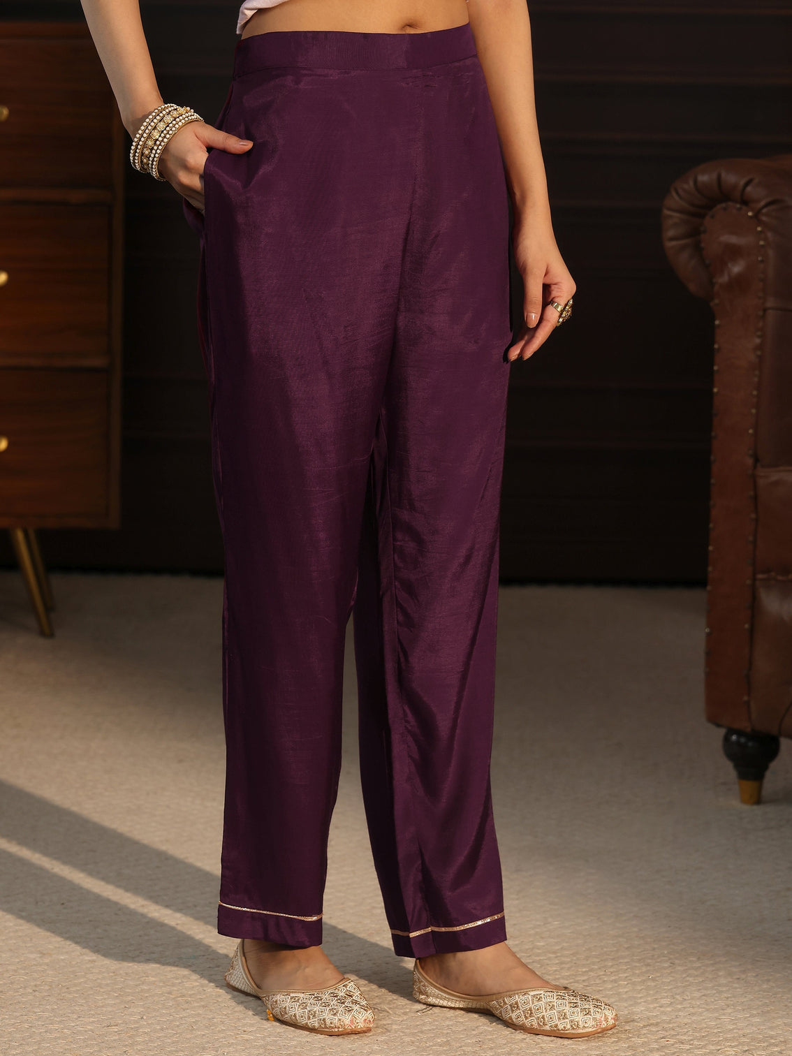 Mameraa Burgundy Printed Chanderi Silk Straight Suit Set