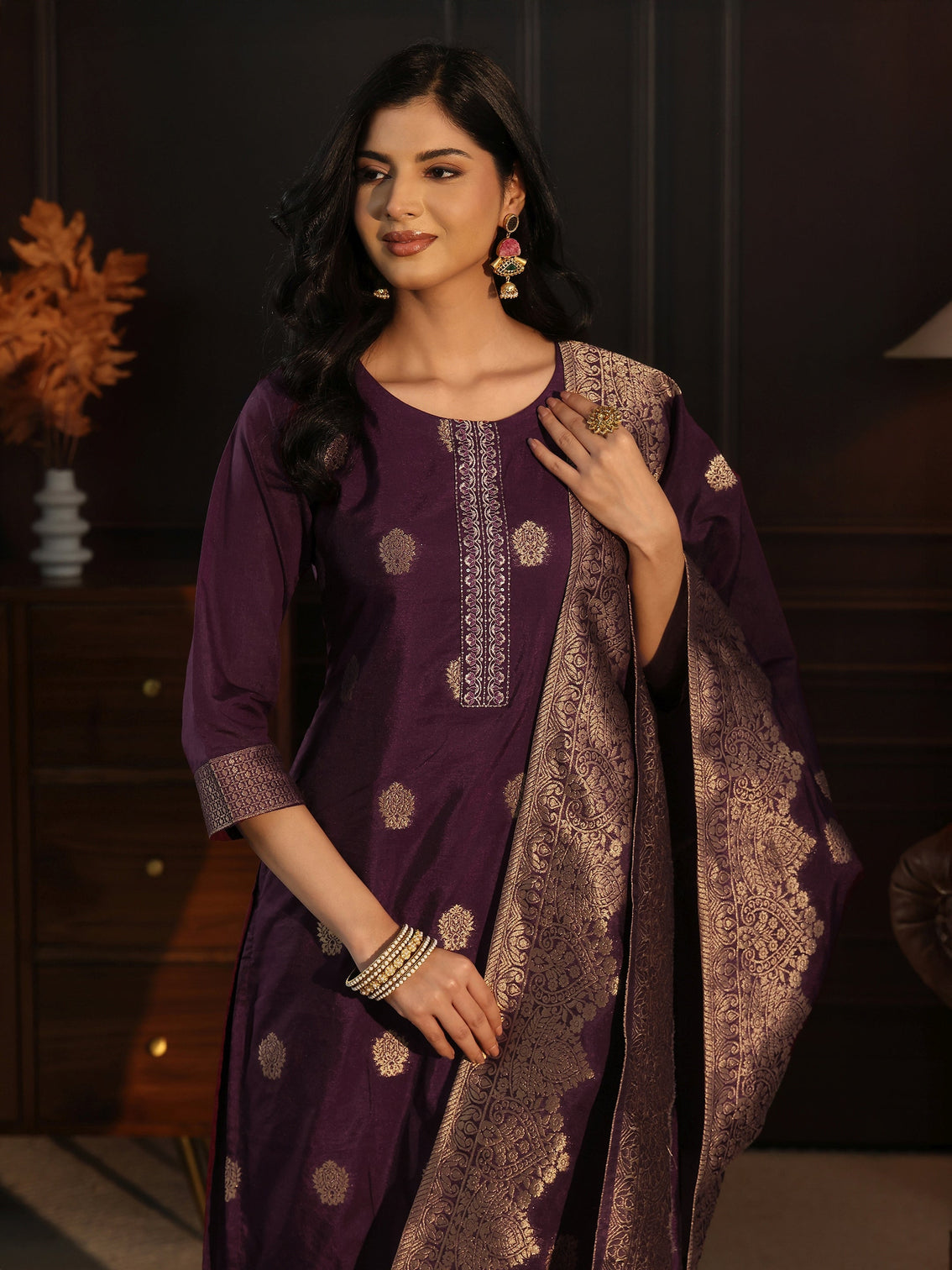 Mameraa Burgundy Printed Chanderi Silk Straight Suit Set