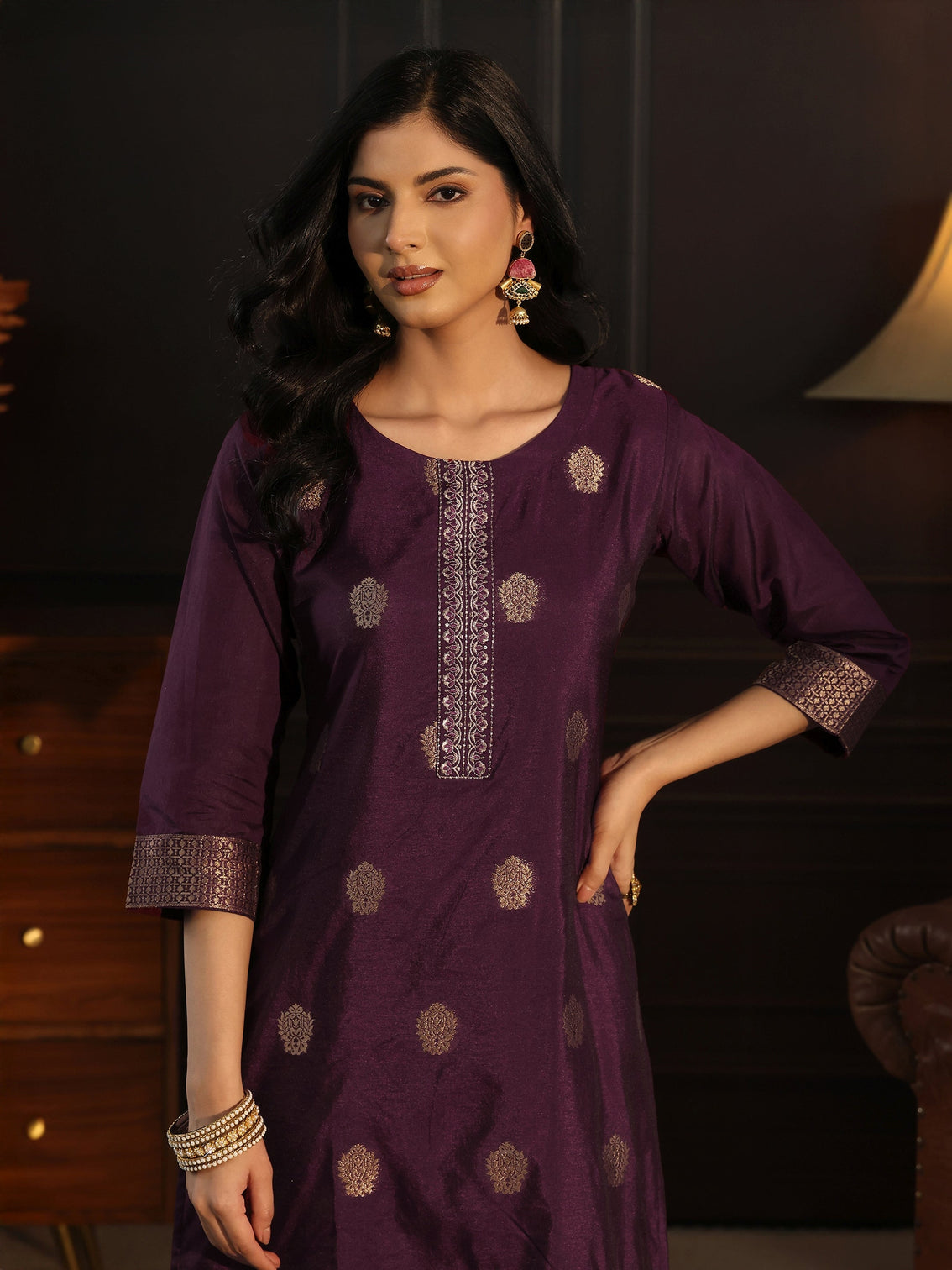 Mameraa Burgundy Printed Chanderi Silk Straight Suit Set