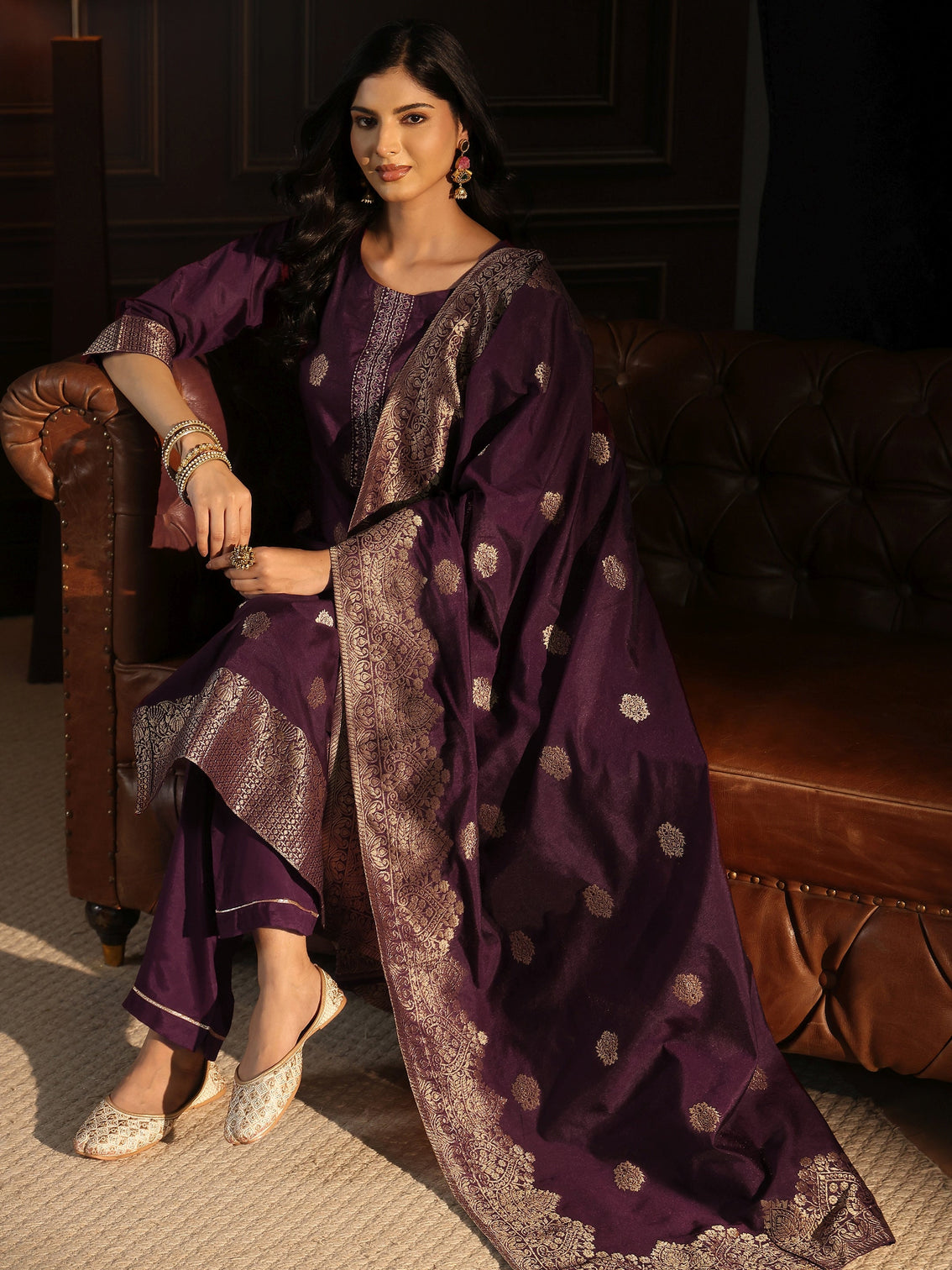 Mameraa Burgundy Printed Chanderi Silk Straight Suit Set
