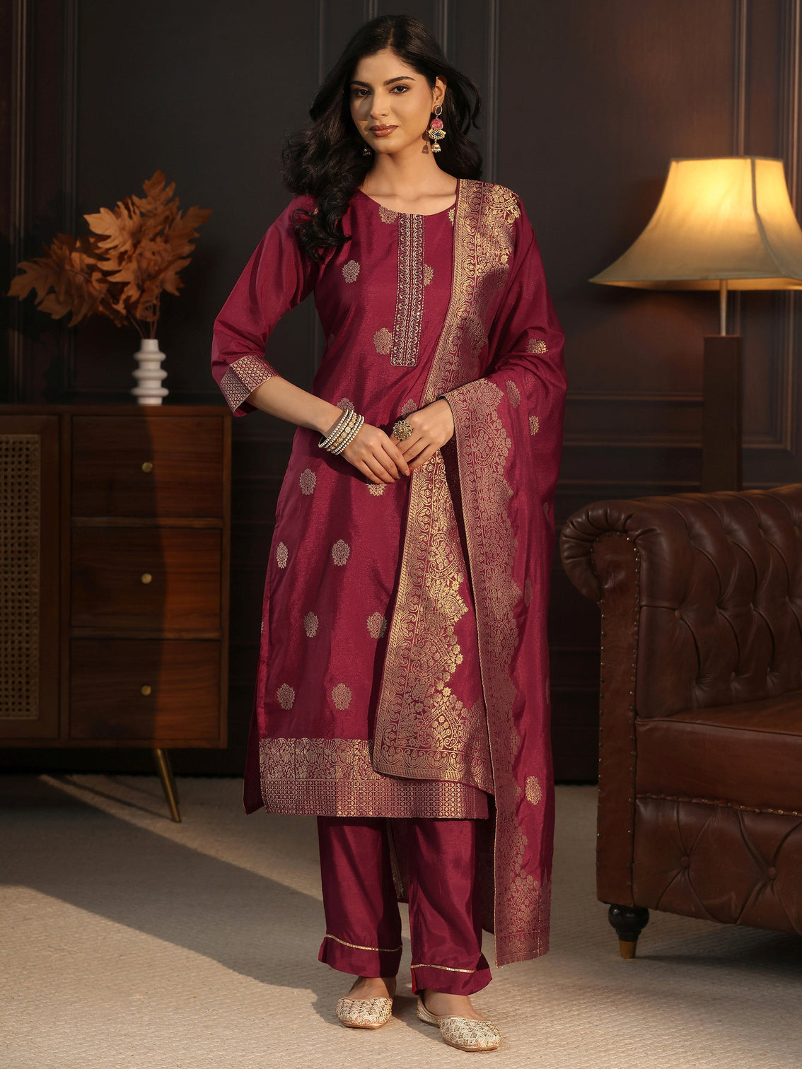 Mameraa Maroon Printed Chanderi Silk Straight Suit Set