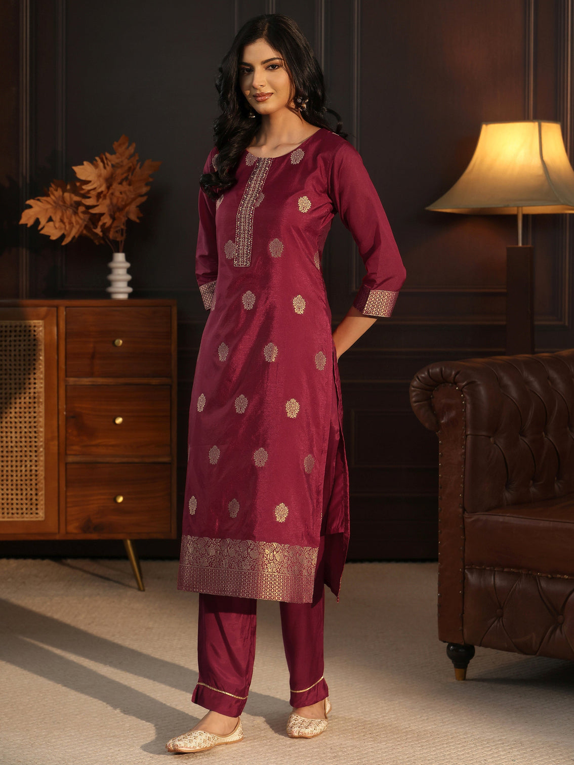 Mameraa Maroon Printed Chanderi Silk Straight Suit Set