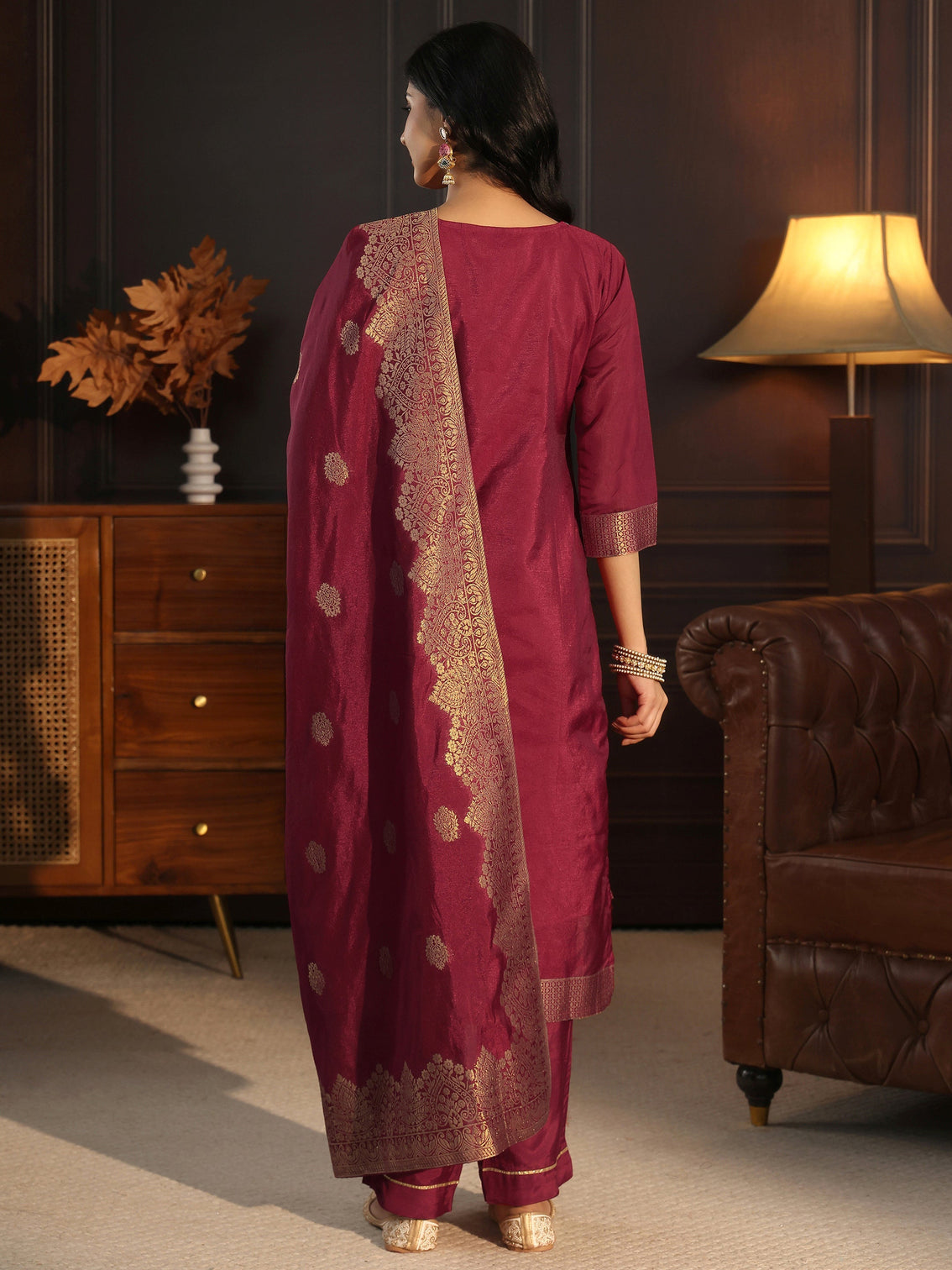 Mameraa Maroon Printed Chanderi Silk Straight Suit Set