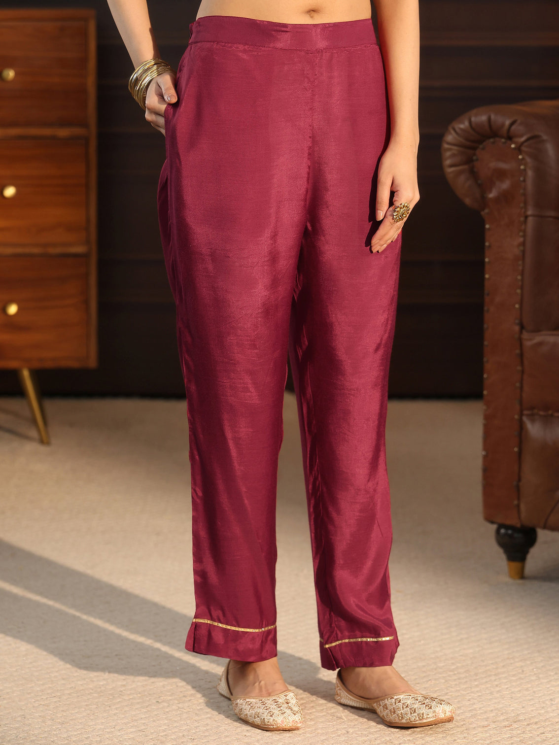 Mameraa Maroon Printed Chanderi Silk Straight Suit Set